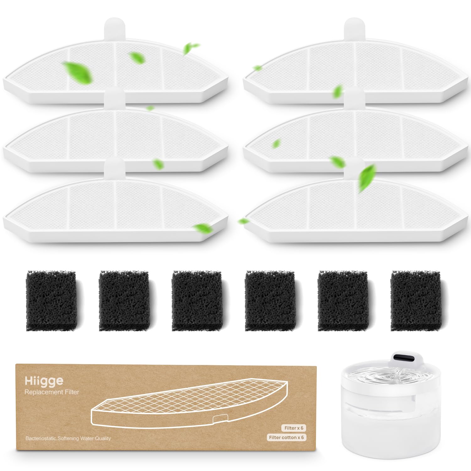 Hiigge Cat Water Fountain Filter 6 Pack — 5-Stage Replacement Filter for Hiigge Snowball SE, Ion Exchange Resin + Coconut Activated Carbon + Antibacterial Cotton, Removes Calcium & Magnesium