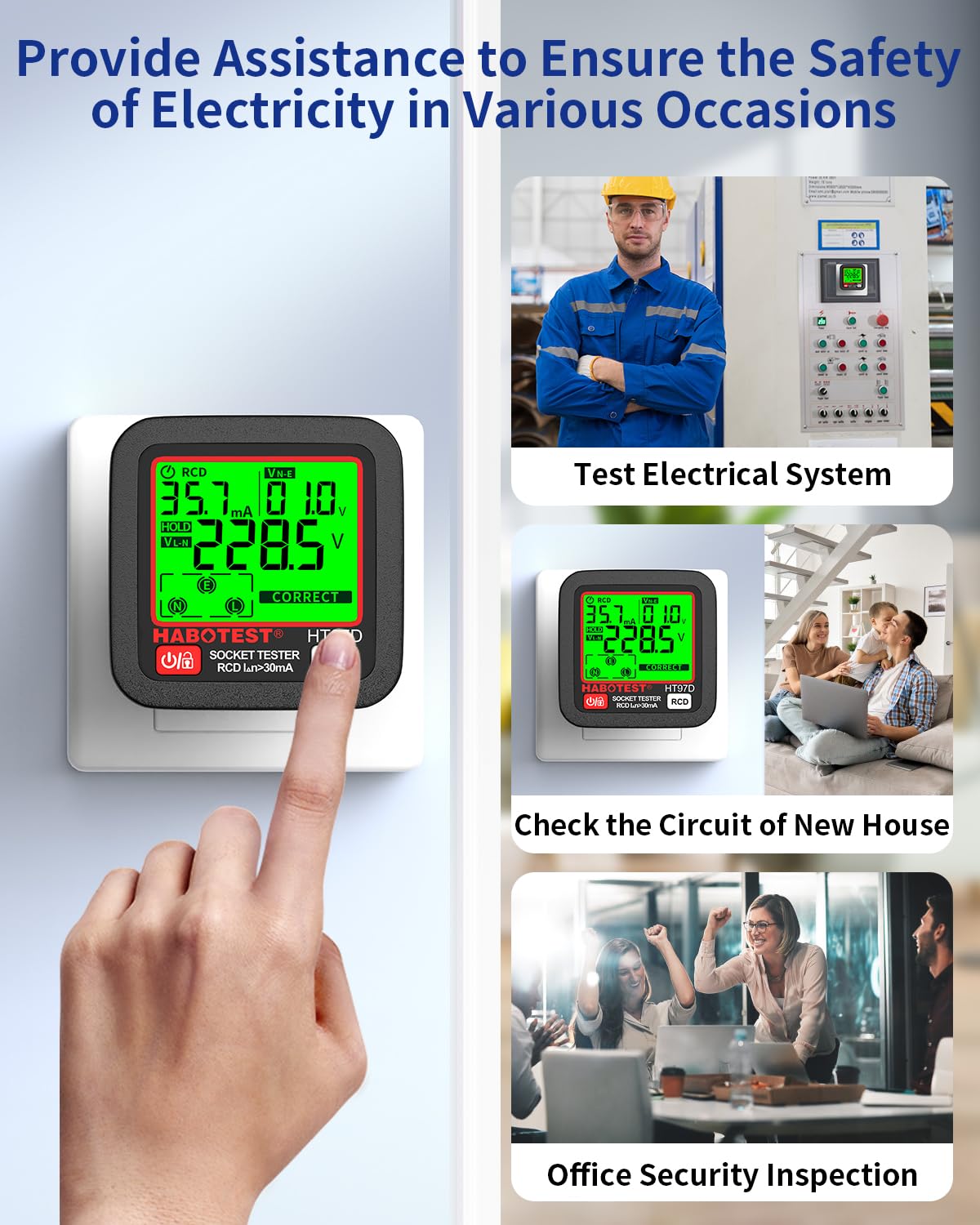 YOJOCK Tester de Prese, Tester per Circuiti Elettrici con Test RCD e Display LCD, 6 Tipi di Diagnosi di Errore, Indicatore di Tensione e Frequenza,30-260V/45-65Hz (EU Plug)