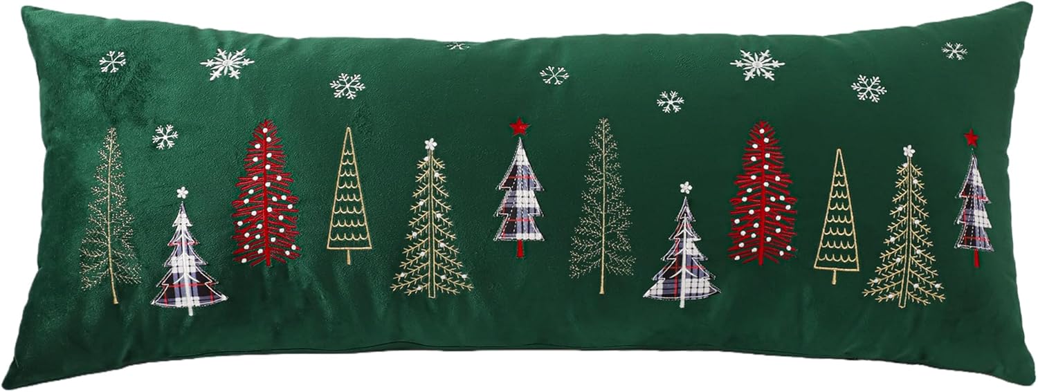 Christmas Embroidery Throw Pillow Covers 14 x 36 inch Christmas Dec Velvet Pillowcases Forest Green Xmas Tree Cushion Pillow Cases Soft Lumbar Holiday Pillowcase(1 Piece)