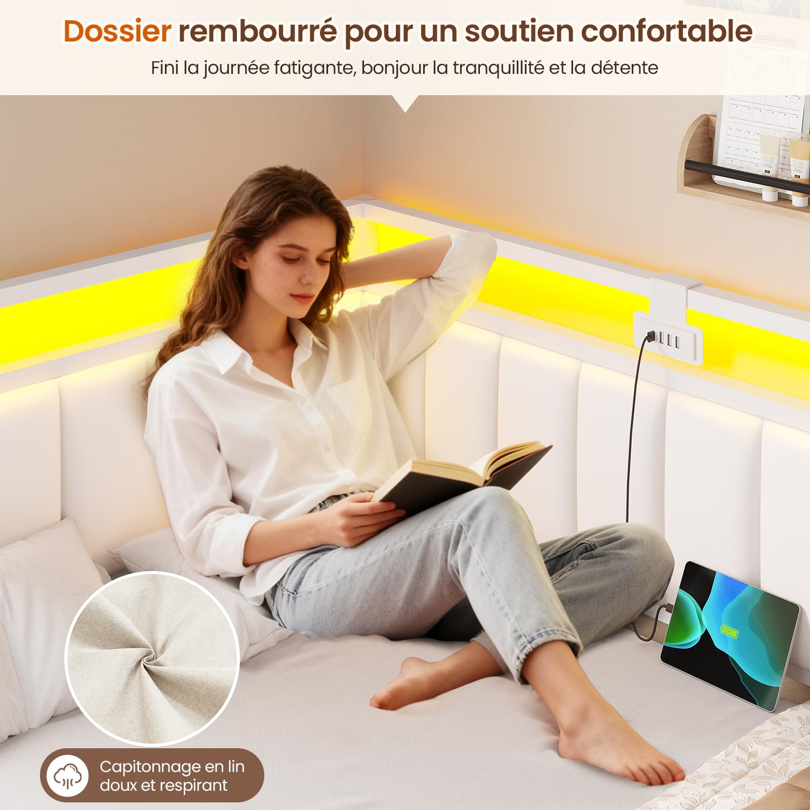 DICTAC Canapé lit 90x190 avec éclairage LED et Prise USB,Cadre de Lits 90x190 avec Sommier à Lattes en métal,Lit Banquette Lits Coffre avec 2 tiroir de Rangement pour Studio/Chambre,Beige-sans Matela