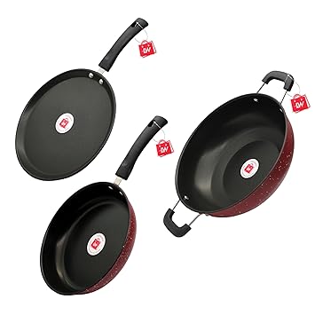 LAZYwindow Nonstick Cookware Combo Induction Friendly | Cool Touch Bakelite Handle - Fry Pan, Tawa (Dia-24cm) & Kadhai (Dia-26cm).