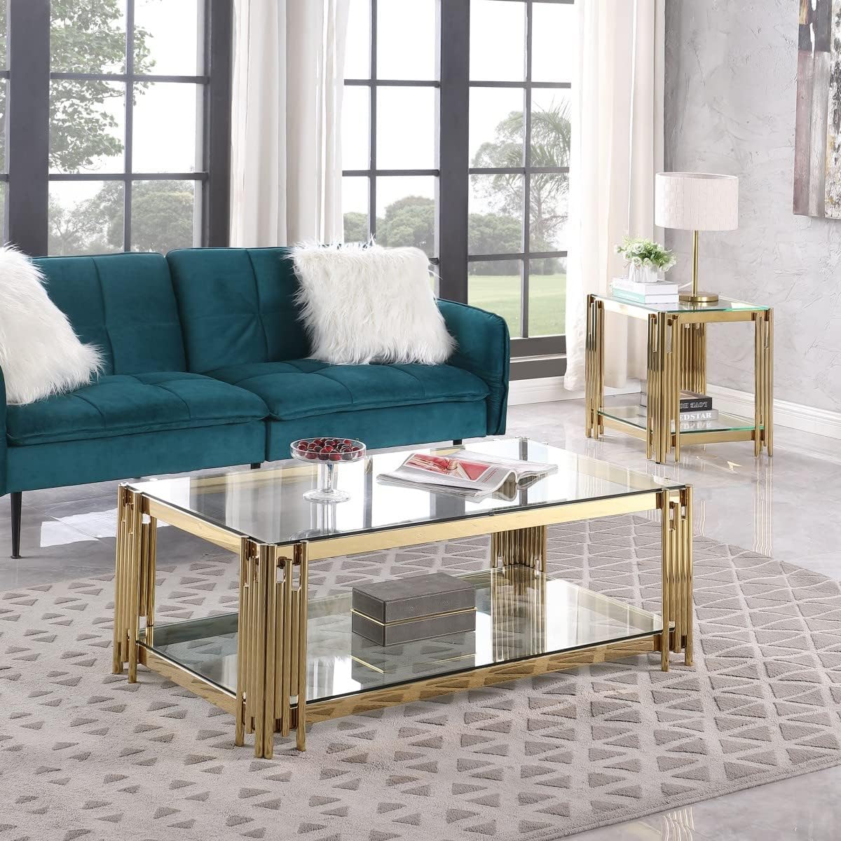 48" Rectangular Gold Coffee Table with Glass Top 2-Tier Center Table with Lounge Table Golded Stainless Steel Frame Open Storage Shelf for Living Room Home Office