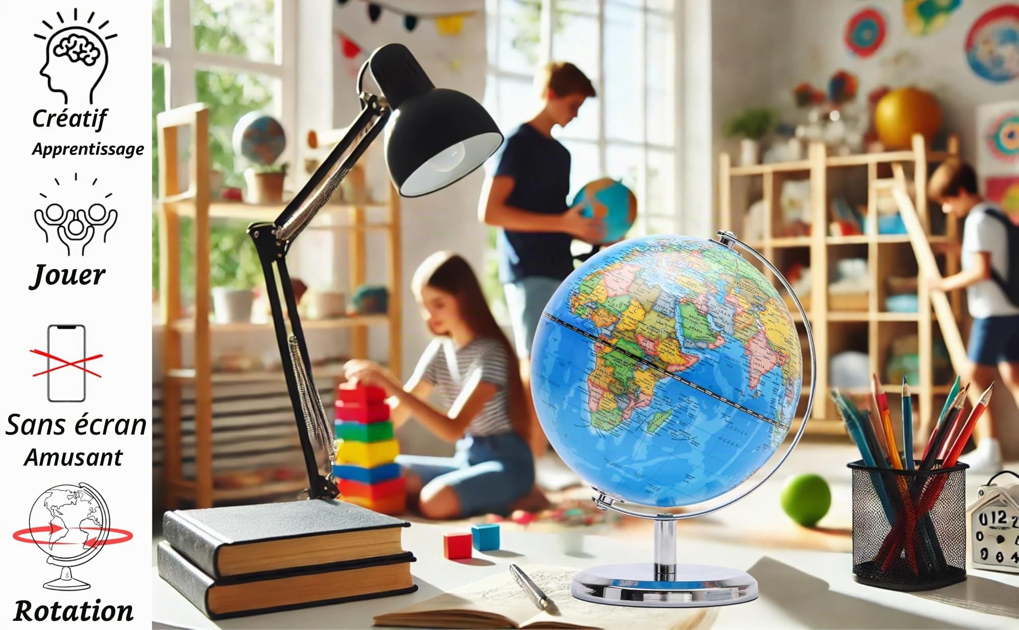 Exerz Globe Terrestre 20cm, Carte en Anglais, Globe Politique Moderne, Décoratif et Éducatif avec Arc et Base en Acier Inoxydable
