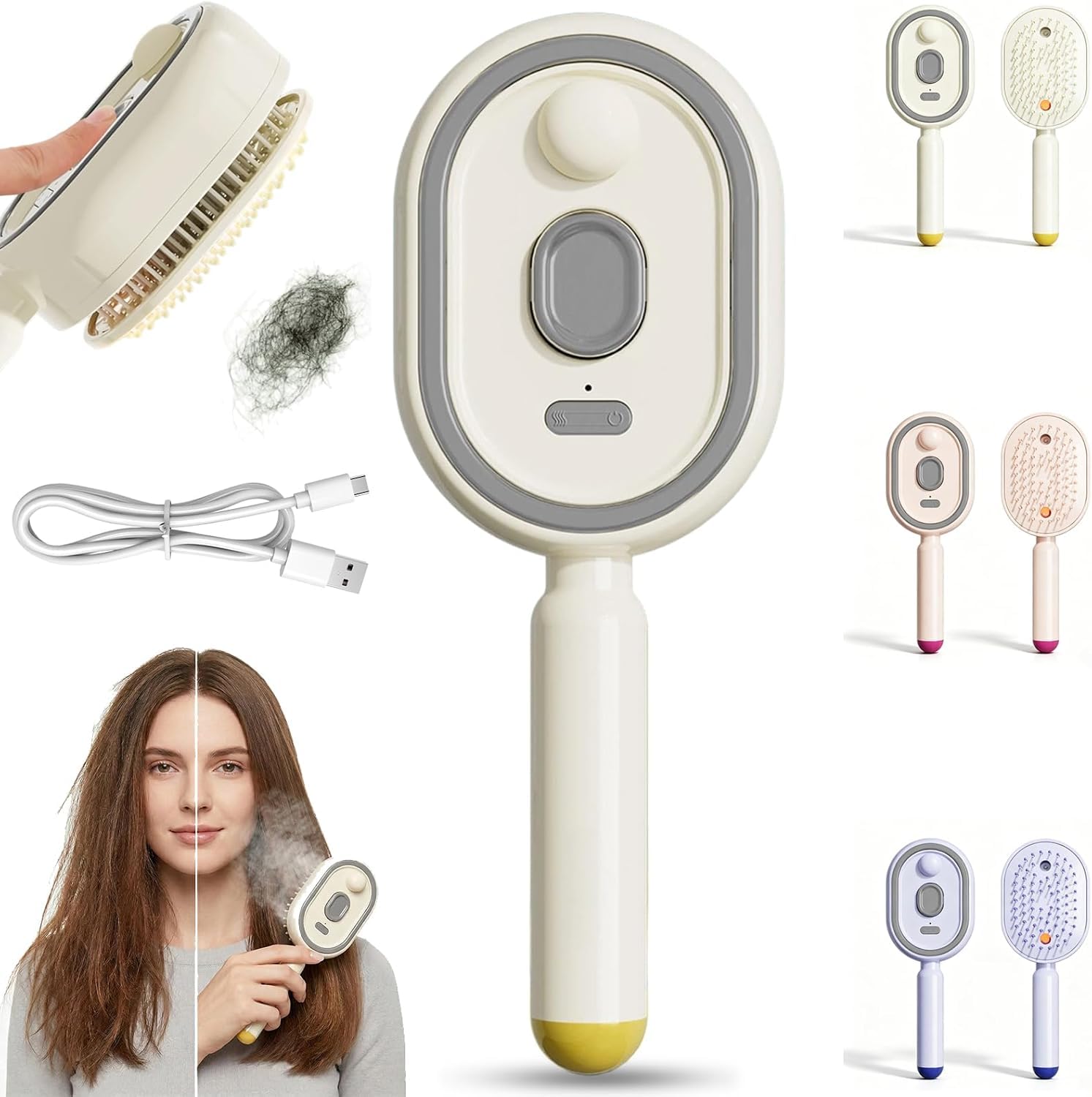 2026 New Steam Hair Straightener Brush,Electric Steam Brush, Portable Electric Steam Brush for Hair, Straightening Hot Comb, USB-Rechargeable, Nourishes Hairs, Anti-Static (Pink) (Beige)