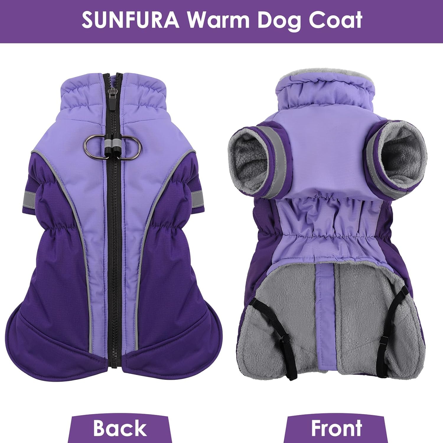 SUNFURA Dog Coat - Two Legged Pet Winter Coat - Turtleneck Fleece Snow Jacket with Harness - Zipped Up Reflective Pet Puffer Jacket Snowsuit for Small Medium Large Dogs, Purple 3XL