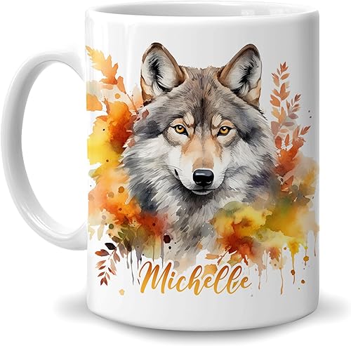 Hyturtle Taza de café personalizada de lobo de otoño, regalos de cumpleaños para los amantes del lobo, regalos de decoración de otoño para casa de