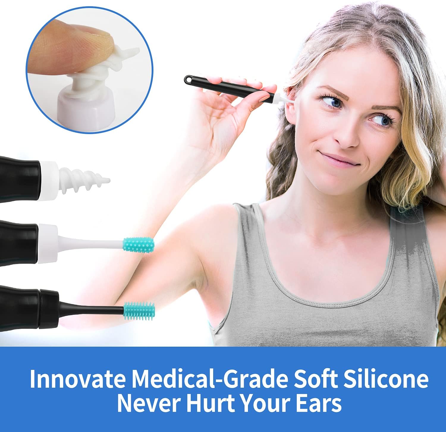 Q-Grips-Earwax-Remover Ear Wax Removal Tool Silicone Ear Wax Remover Soft Ear Cleaner Safe Q Twist Spiral Smart Catcher Qgrips Ear Picker Clean Kit No Pain 16 Replacement Tips : Health & Household