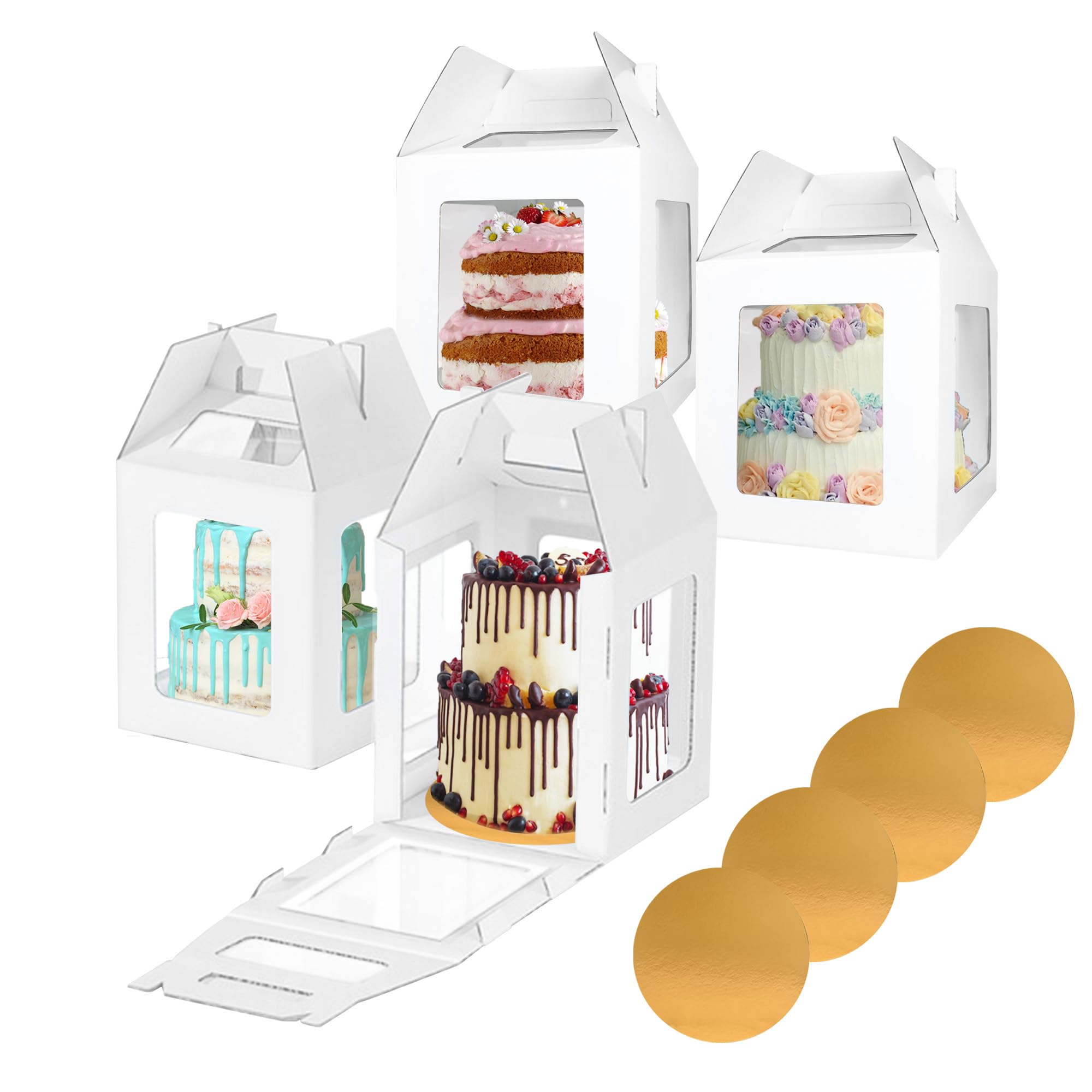 Yeplan4 Packs Tall Cake Box with Cake Board,10x10x12 Inches Large Tiered Cake Carriers with Clear Windows and Handle, Cake Containers for Birthday, Wedding,Party and Festival