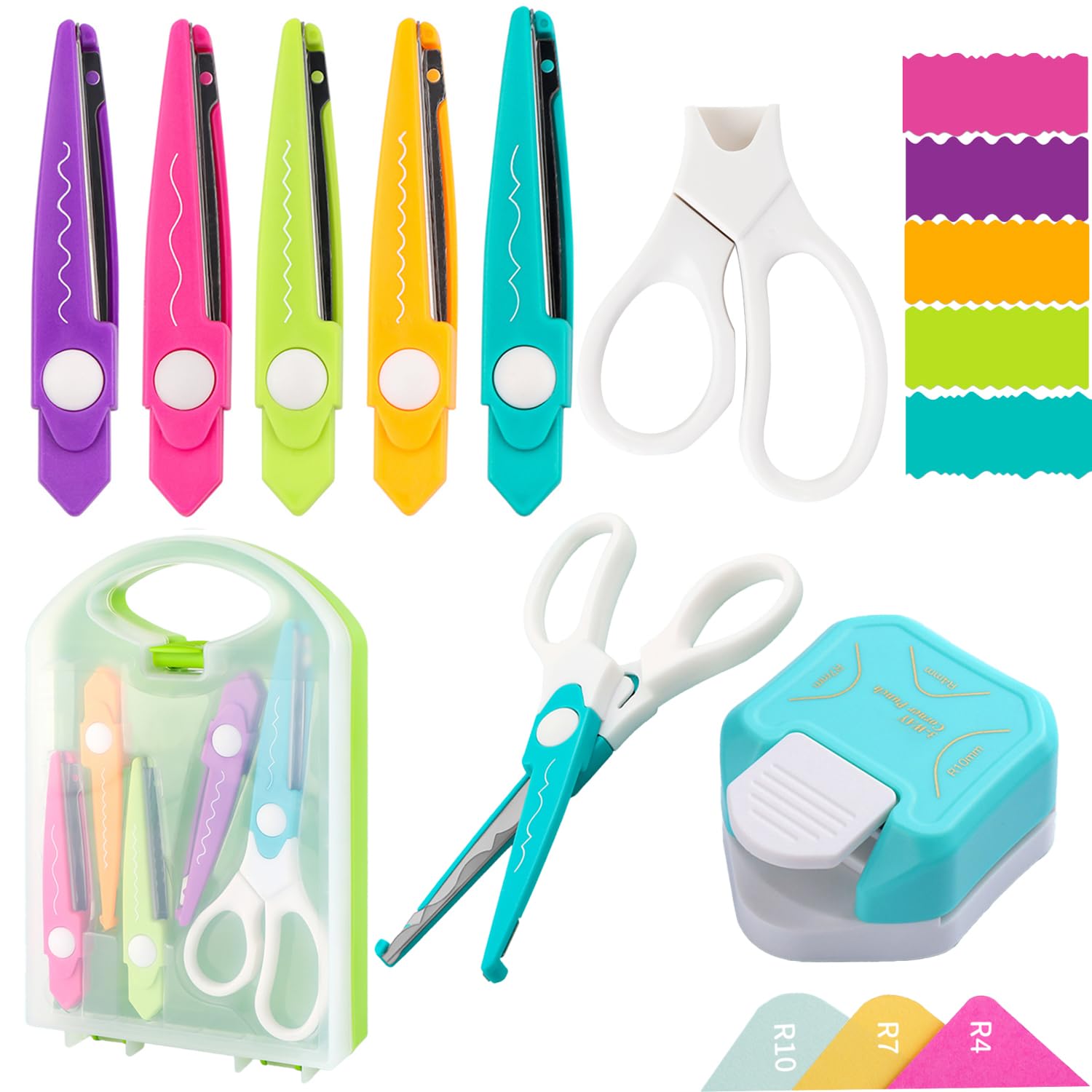 7Pcs/Set Craft Scissors 3 in 1 Corner Rounder Paper Punch Decorative Paper Edge Scissors With Storage Box Set 5 Kinds Zig Zag Edges Scissors for DIY Projects Paper Card,Photo, Card and Scrapbooking