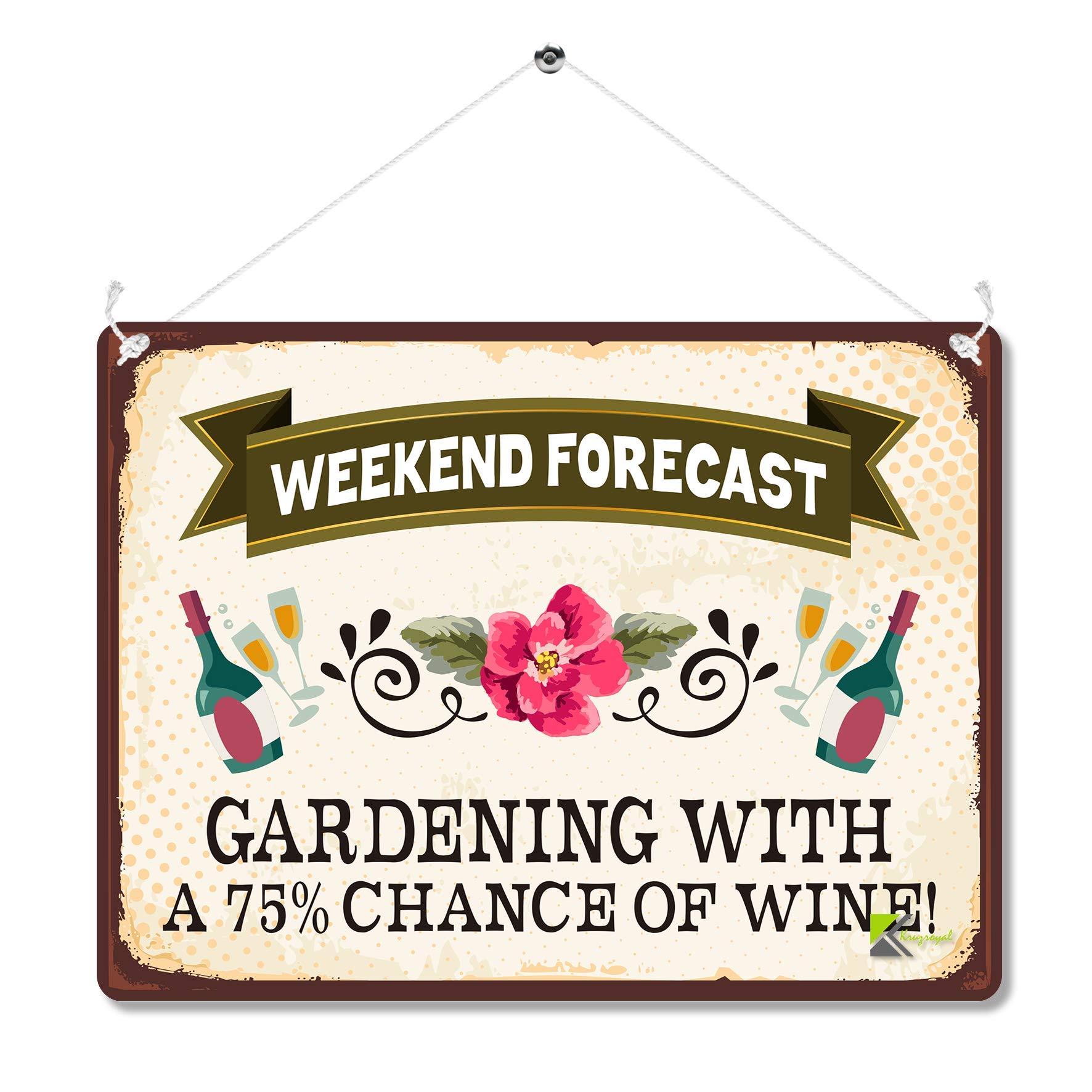 Kruzroyal Cream / Green / Red Funny Gardening Metal Wall Sign, Weekend Forecast 75% Chance Of Wine Novelty Plaque Gift, Humorous Retro Vintage Tin Decor For Garden Or Shed, 20X15cm