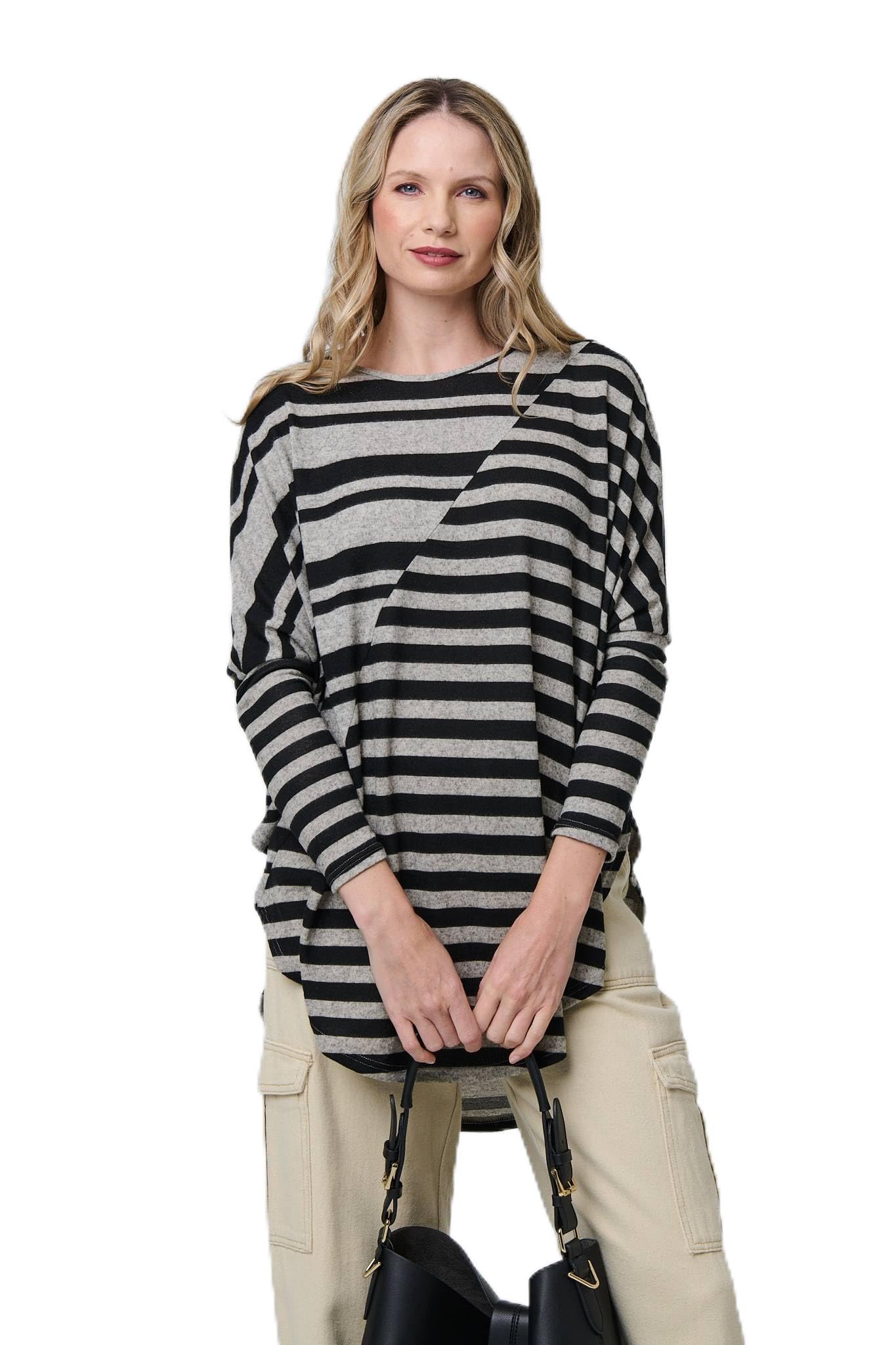 Izabel London Grey Striped Asymmetric Long Sleeve Tunic Top - 10