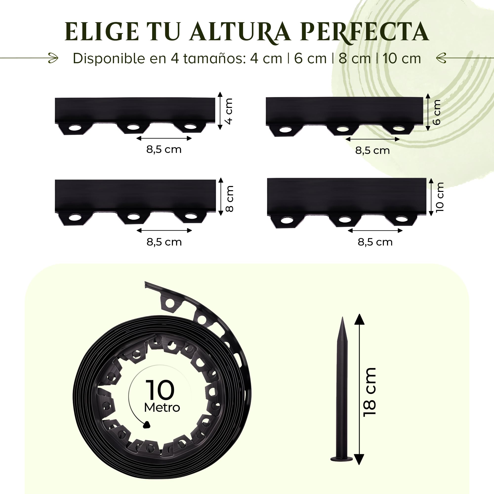 Borde Flexible para césped (10 m, 40 Anclajes de Tierra, 8 cm de Altura), de plástico Negro, Resistente a la Intemperie, Borde Redondo, bordillo Redondo para césped, remate de Corte
