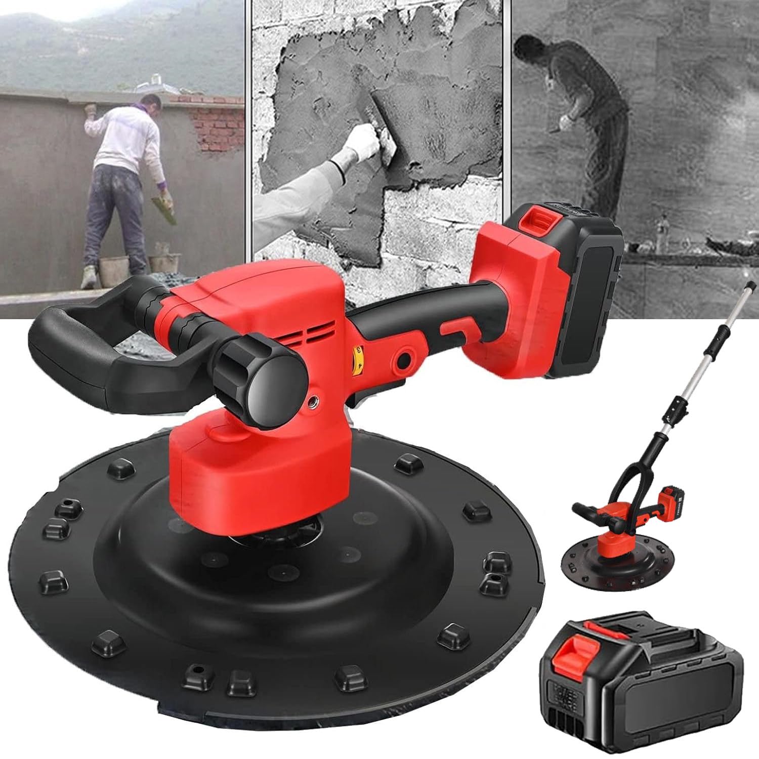 Lijadora De Pared Eléctrica De 1680 W, Pulidora, Llana De Hormigón, Enlucidora De Cemento, Llana Eléctrica para Mortero De Yeso Y Masilla,22500mABatteries*1-WithTelescopicRod