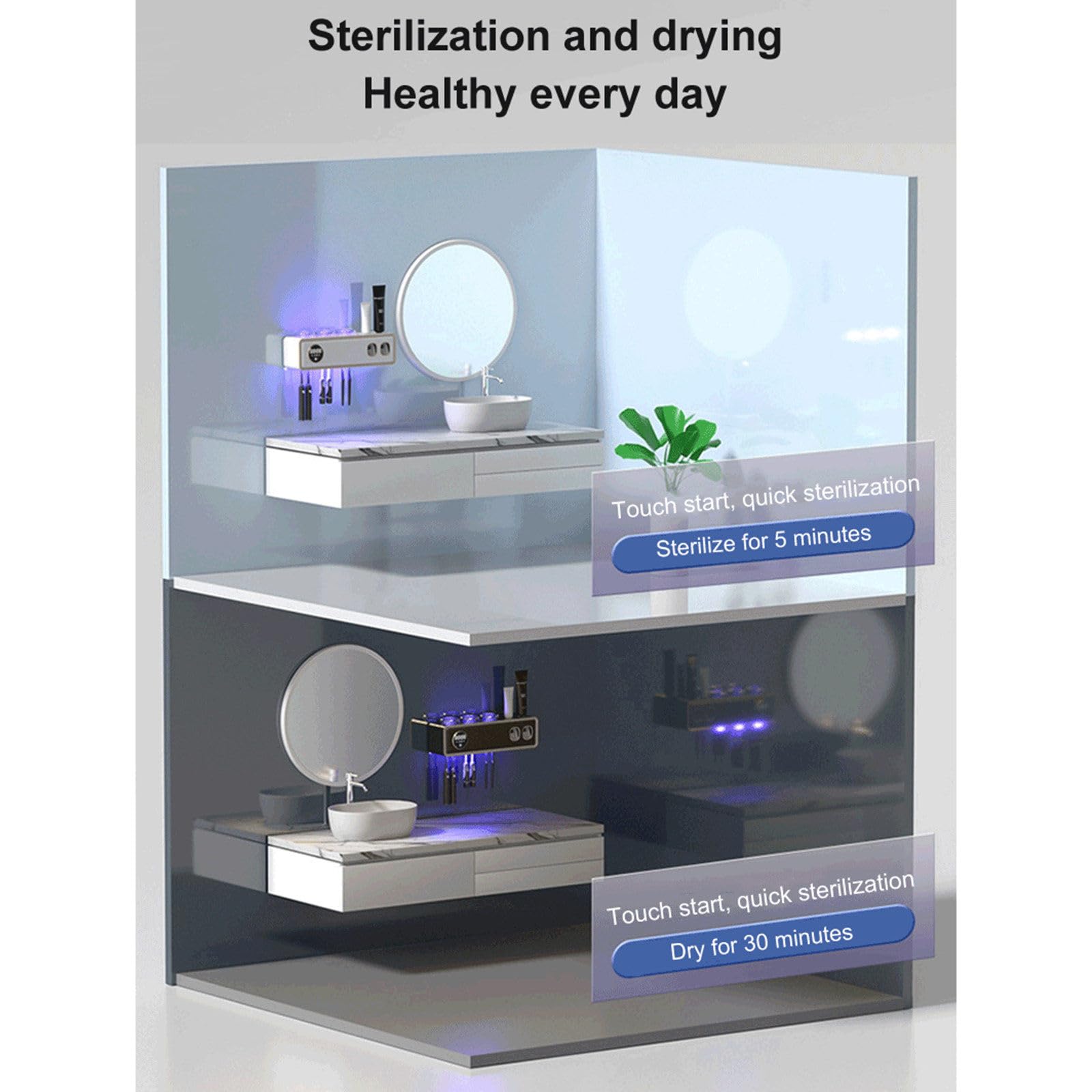 Esterilizador inteligente Uv, organizador sin perforaciones, Set de accesorios de baño, soporte para cepillos de dientes, soporte para cepillos de dientes Uv, sin perforaciones inteligentes,White