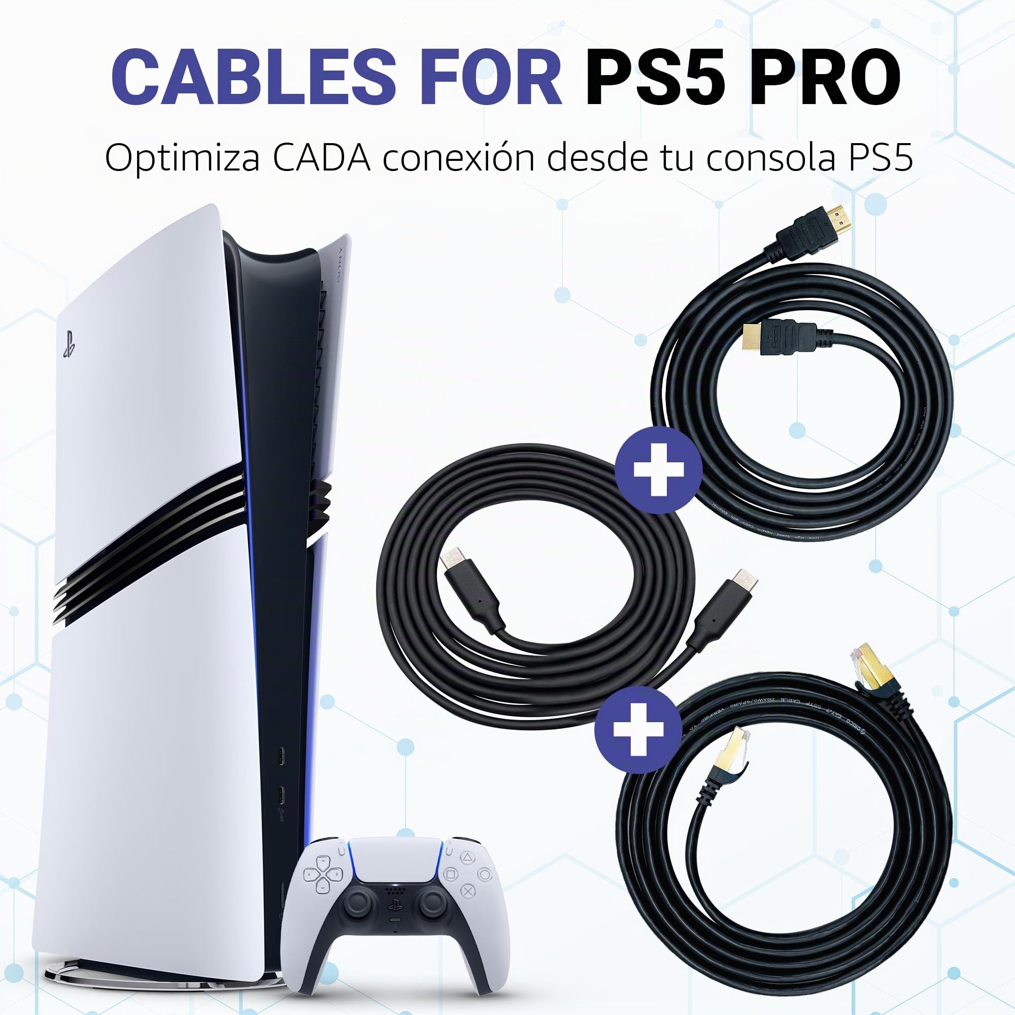 BrightOn - Cable HDMI 2.1 optimizado PS5 PRO 8K a 60Hz/4K @120Hz chapado en oro CAT 7 Super alta velocidad 2M USB C a USB C cable de carga rápida