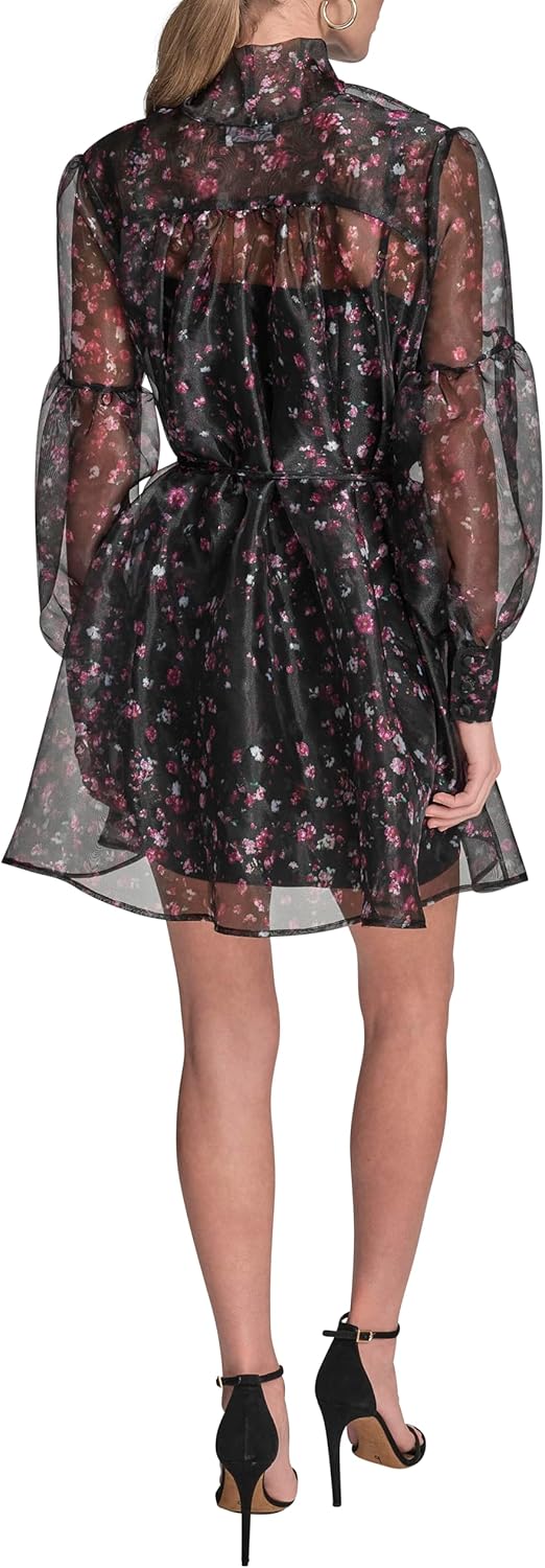 BCBG Womens Long Sleeve Tie Neck Organza Overlay Mini Dress - Image 4