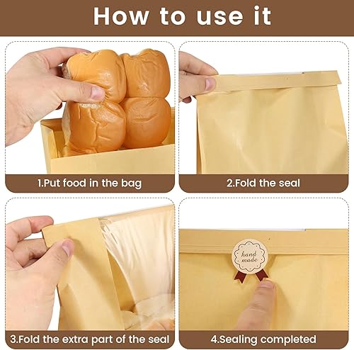 Miniatura 3 de Funcoo Paquete de 25 bolsas de pan de papel Kraft para envasado de alimentos, bolsa de panadería con ventana frontal, etiqueta adhesiva incluida (14