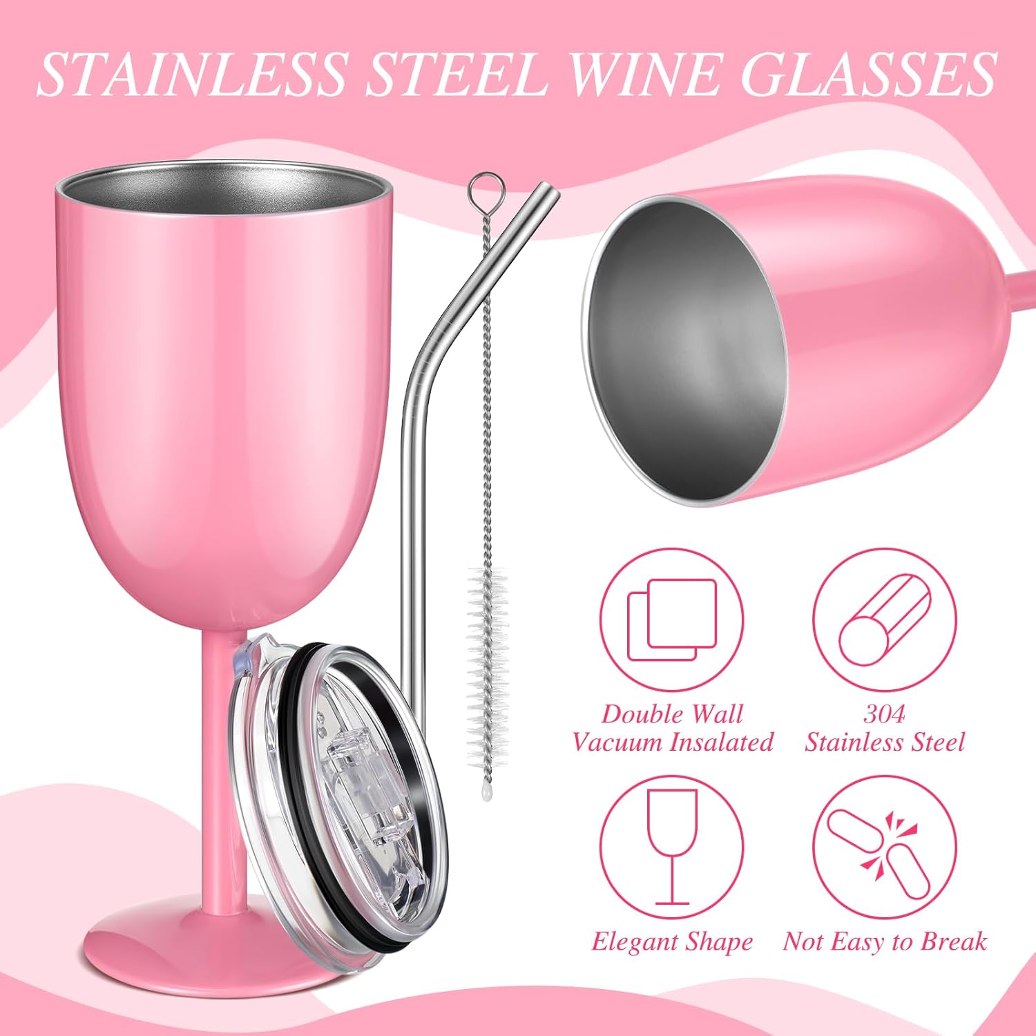 1 Pc Insulated Wine Tumbler with Lid Straw Brush 10oz Stainless Steel Glasses Cups Double Walled Vacuum Insulated Wine Tumbler for Christmas Women Men Holiday Birthday Gifts (Pink) - Image 3
