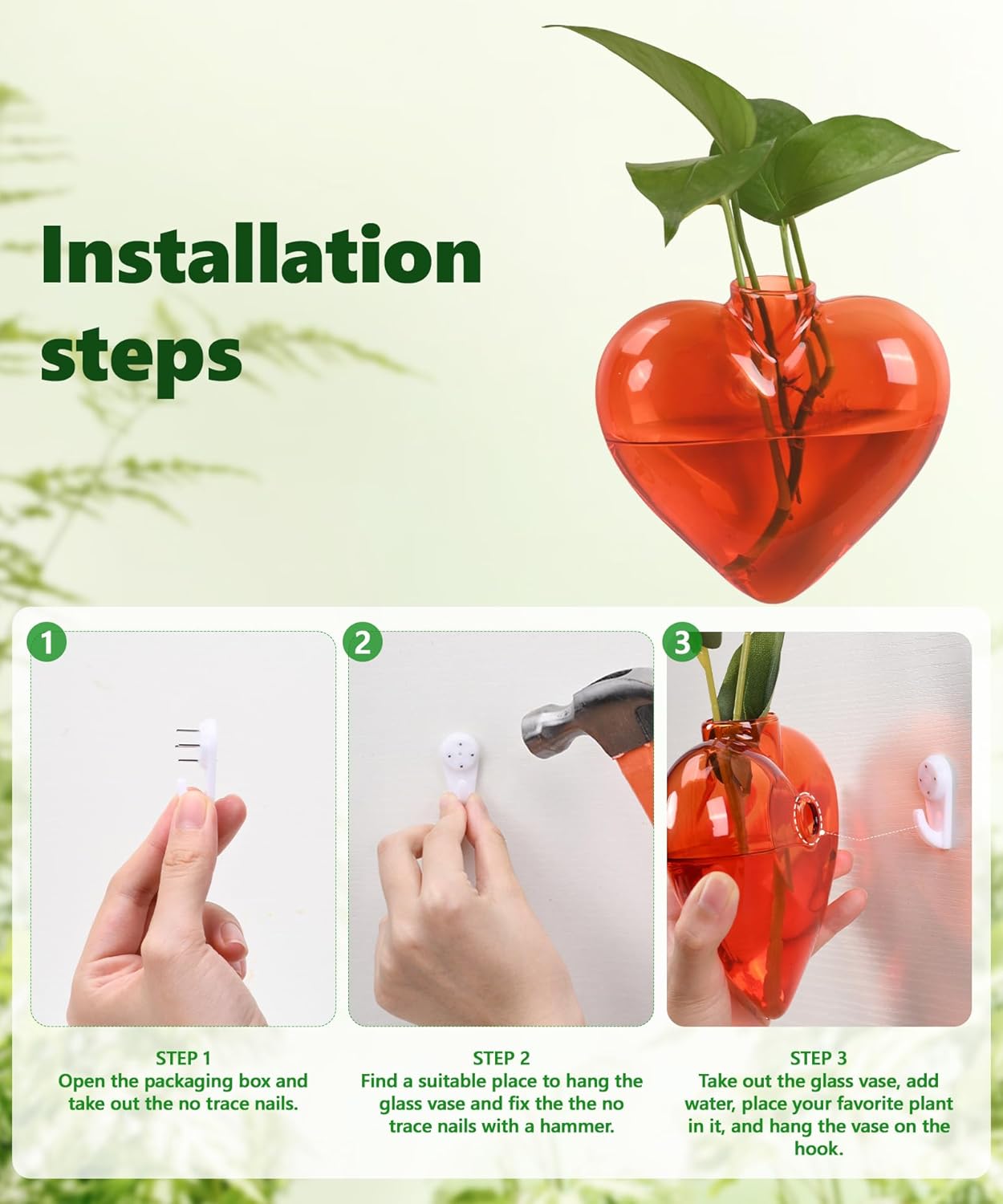 Nacome Wall Hanging Propagation Station: 4 PCS Heart Shaped Glass Plant Terrarium Vases for Home Office Decor - Unique Gifts for Plant Lovers Women Mom (Orange)