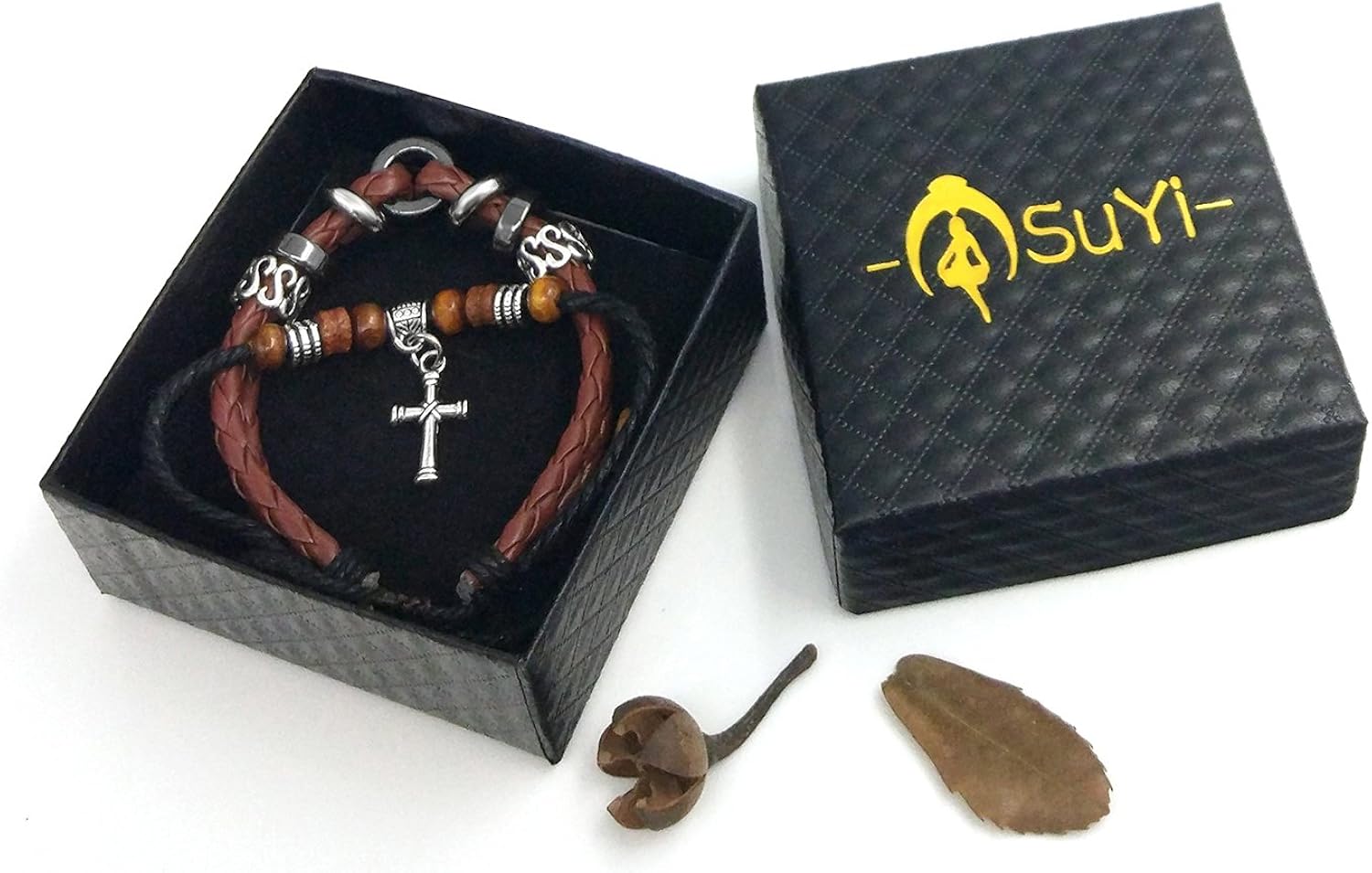 Suyi Multilayer Adjustable Leather Woven Braided Bangle Cross Bracelet Leaf Wrist Cuff Wristband Cross coffee