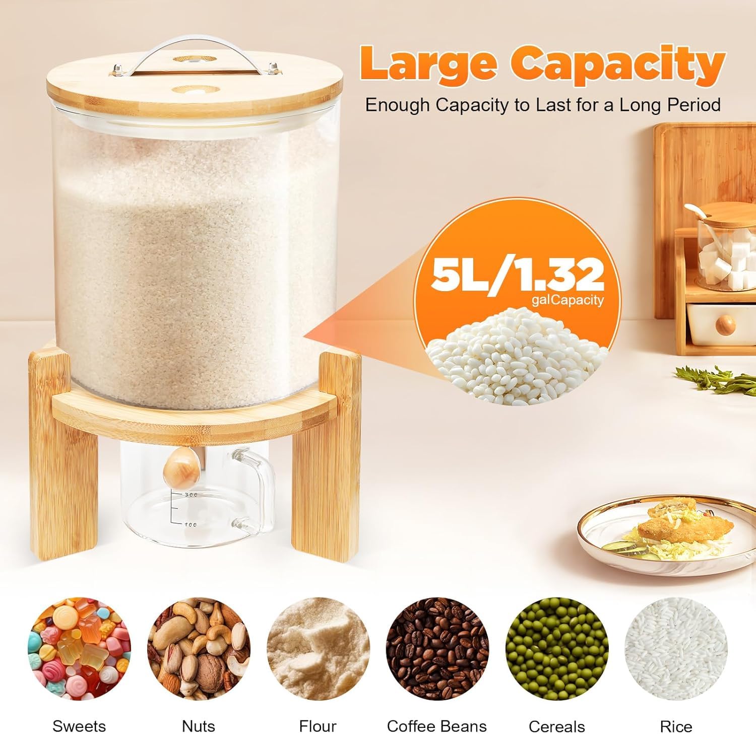 Dispensador De Arroz Y Recipiente para Cereales Hermético - Recipiente De Vidrio para Alimentos De 5 litros con Tapa De Bambú Y Soporte De Madera, Organizador De Granos A Prueba De Fugas con
