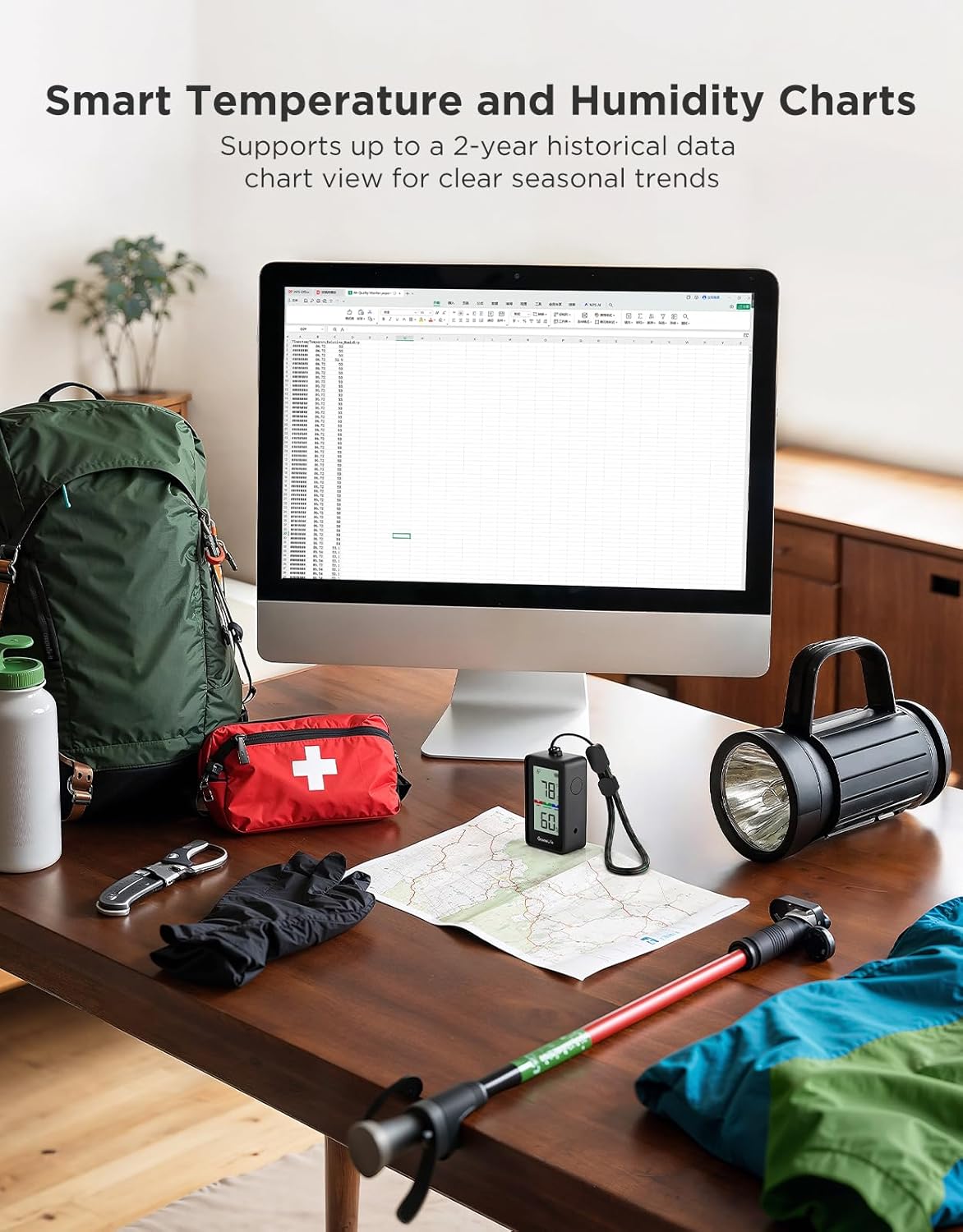 GoveeLife H5171 thermometer next to a laptop displaying historical temperature and humidity charts.