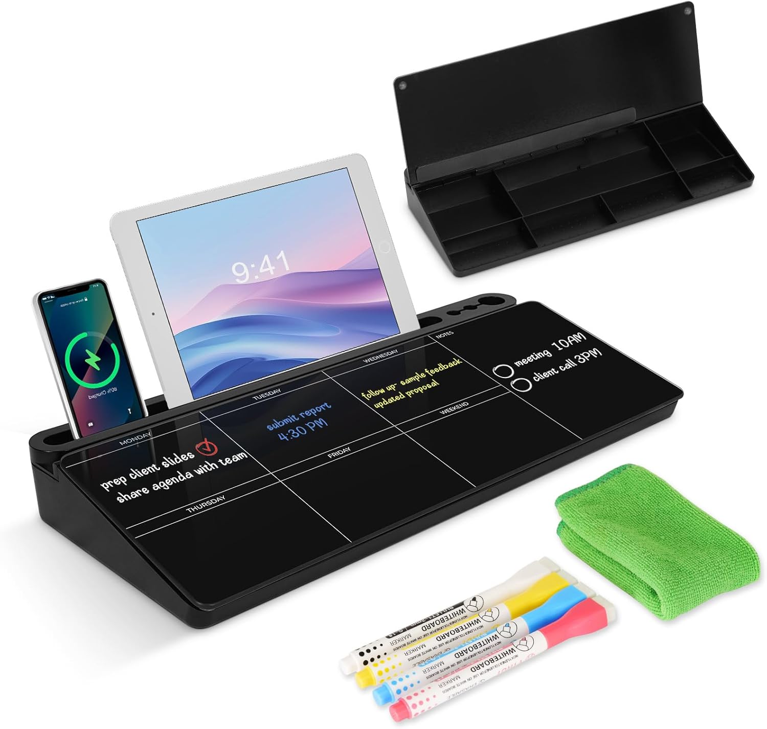 Desktop Glass Whiteboard with Storage, Weekly Calendar...