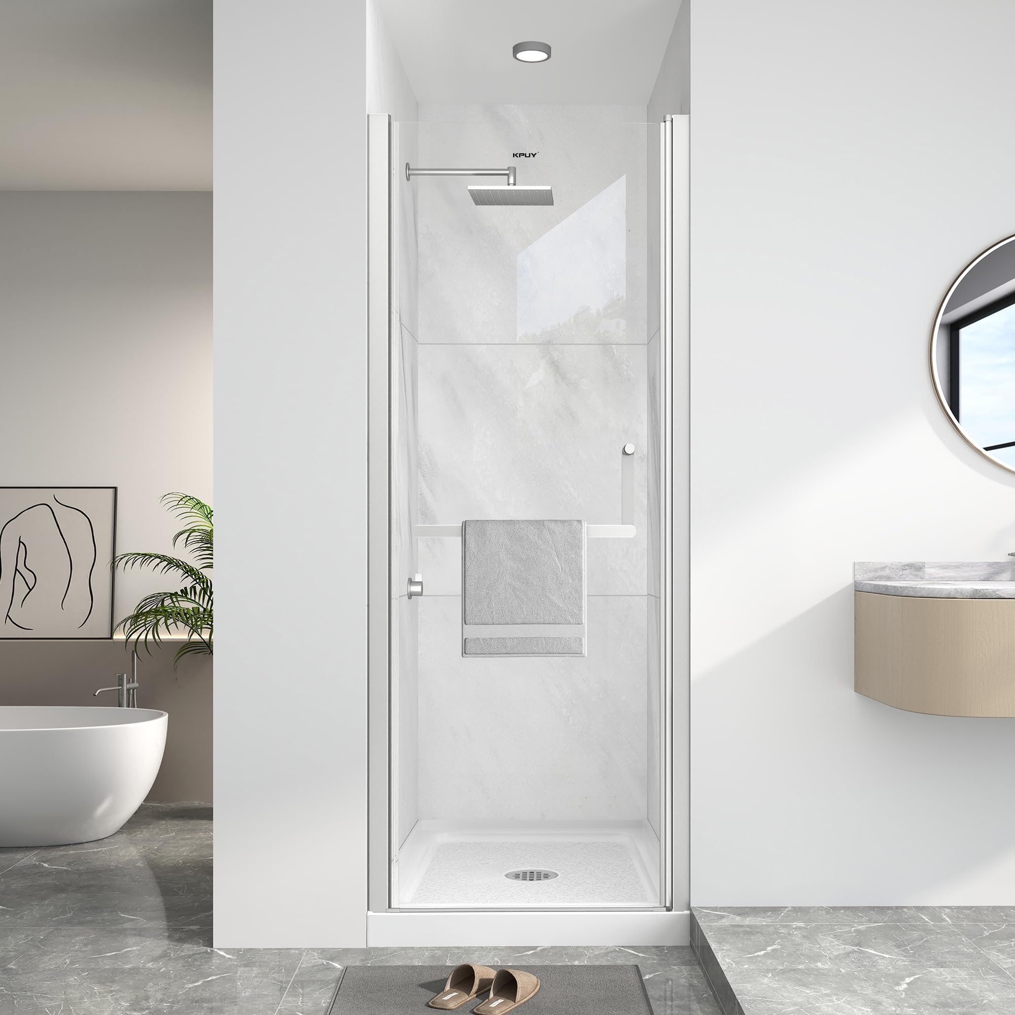 kpuy pivot shower door, 24-26" w x 72" h frameless single swing glass shower door with explosion-proof film nano coating, 1/4" (6mm) thick tempered clear glass, brushed nickel