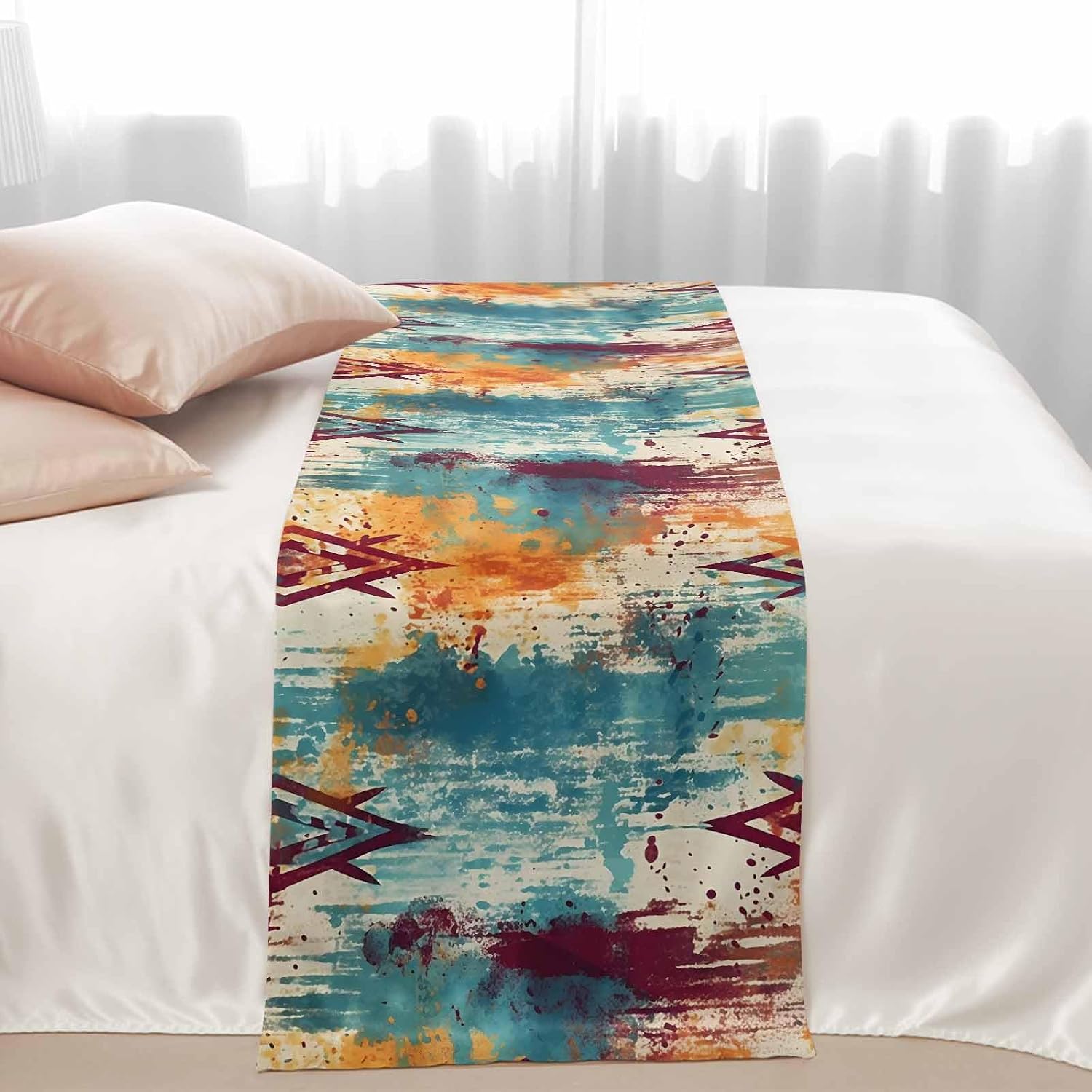 Boho Orange Teal Red Bed Runners for King Size Beds, Decorative Bed Throws for Foot of Beds, Luxury Bedding Protector Slipcover Modern Abstract Splashing Art Bedrunners & Scarves for Hotel, 102"x20"