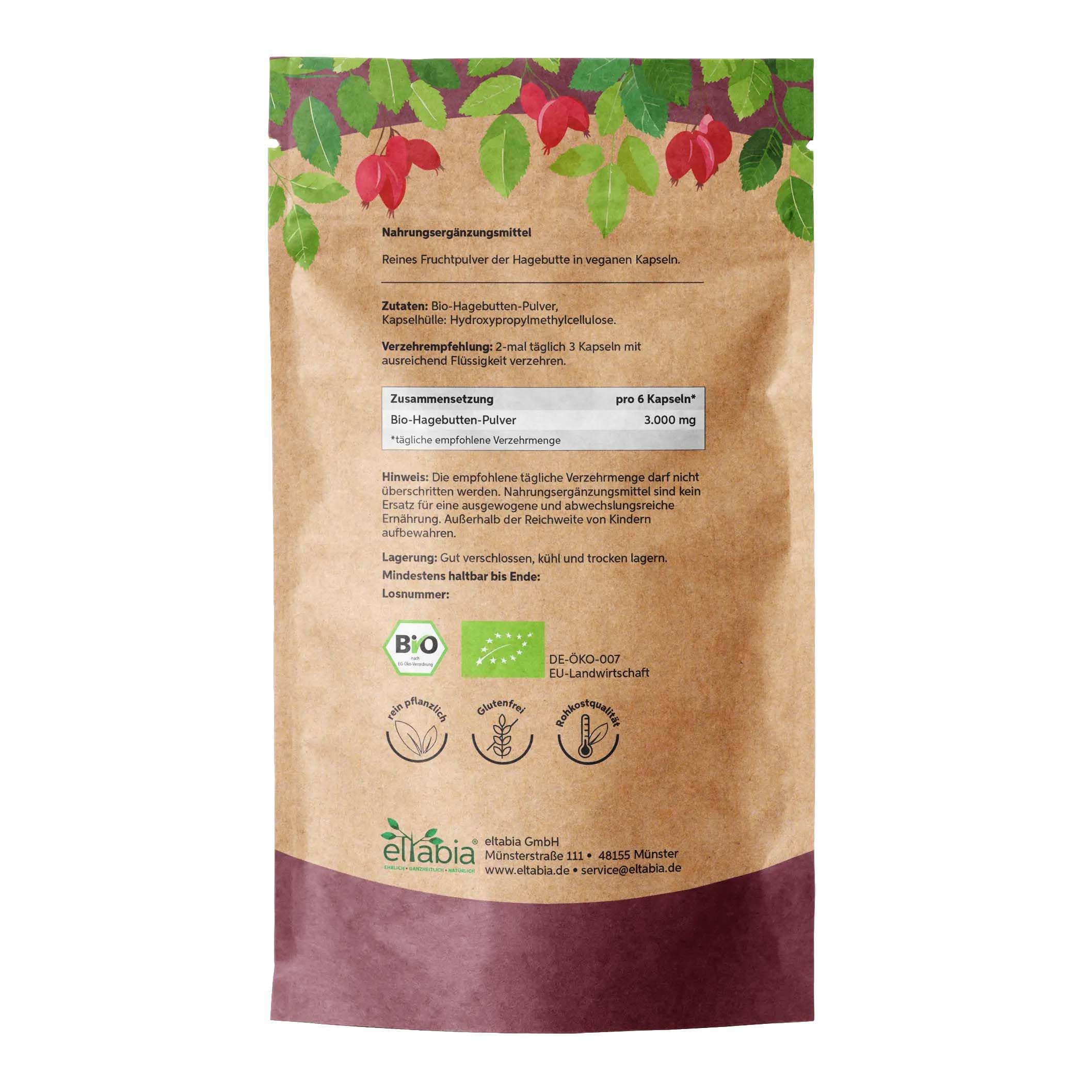 Bio Hagebutten Kapseln 1000 Stück | Hochdosiert 3000mg Tagesdosis | EU-Anbau in Premium Rohkost-Qualität Vegan | 100% rein ohne Zusätze (DE-ÖKO-007)