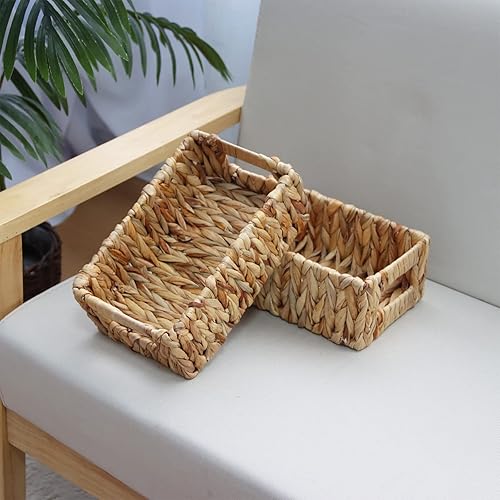 Miniatura 3 de YAHUAN Cestas tejidas de jacinto de agua para organizar, cestas rectangulares de mimbre con asas integradas, cestas de almacenamiento pequeñas para