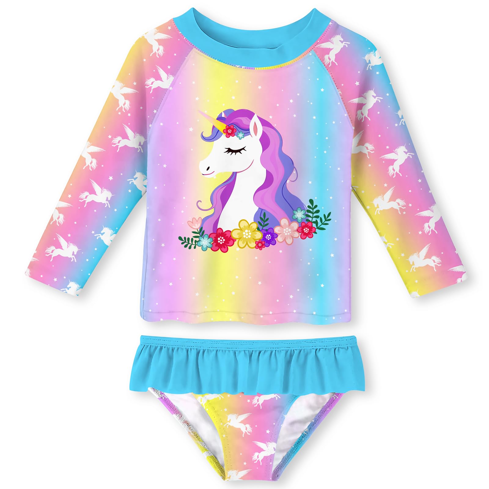 UNIFACO Girls Swimsuit Two Piece Long Sleeve UPF 50+ Bathing Suit, 2-8T
