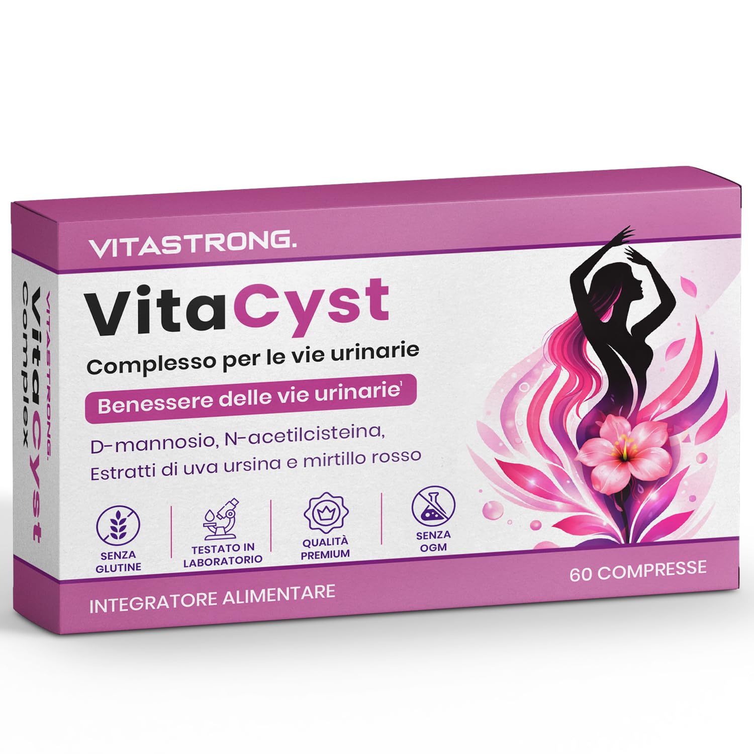 VitaCyst, D Mannosio Puro con NAC N-Acetil-Cisteina, Estratti di Mirtillo Rosso (Cranberry) e Uva Ursina Vegan Integratore Alimentare Vie Urinarie Donna, 60 Compresse Senza Glutine, Lattosio, OGM