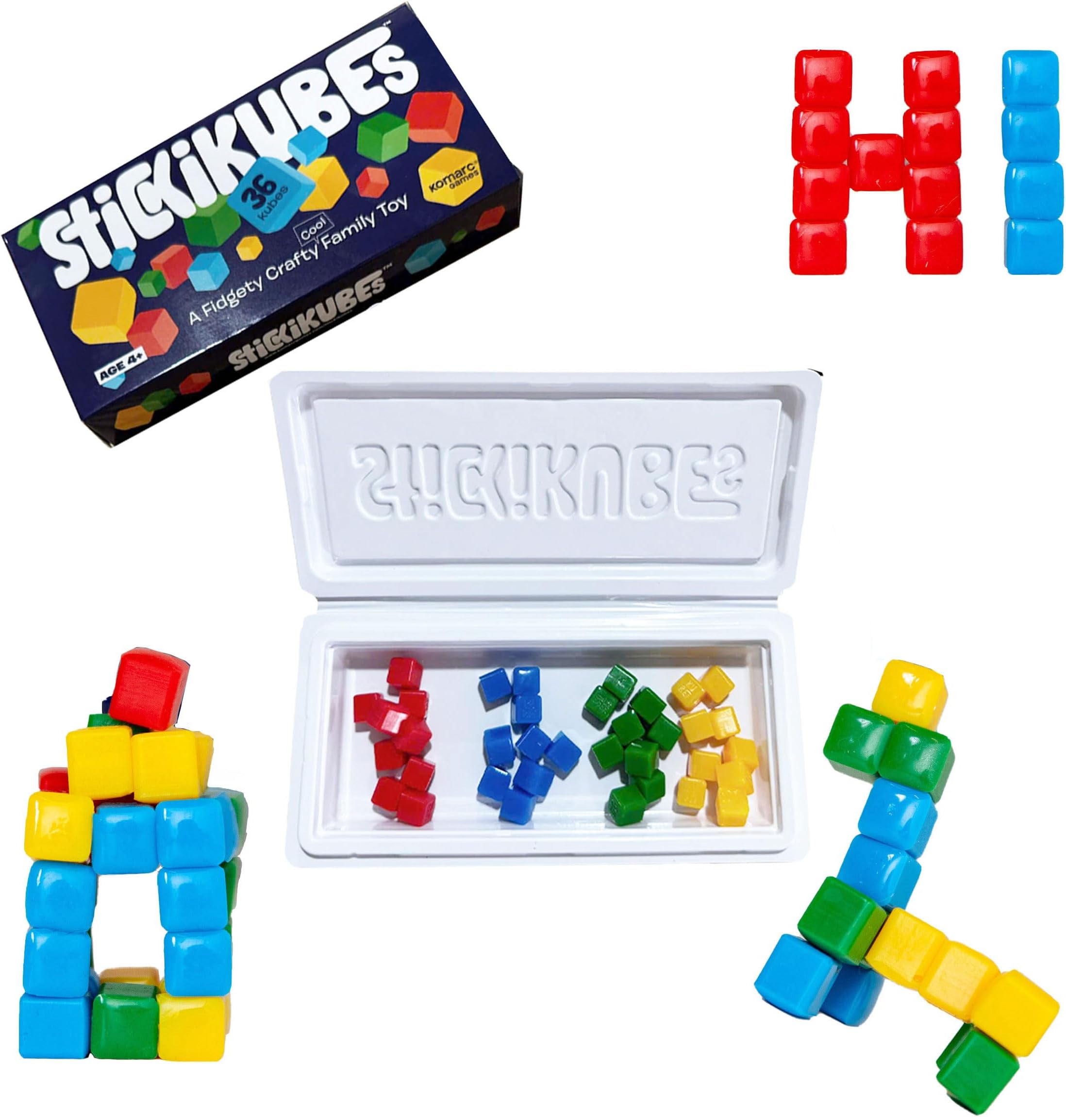 KOMARC GAMES StickiKubes - Mini Stacking Cubes That Stick to Anything - 36 Cubes in 4 Colors
