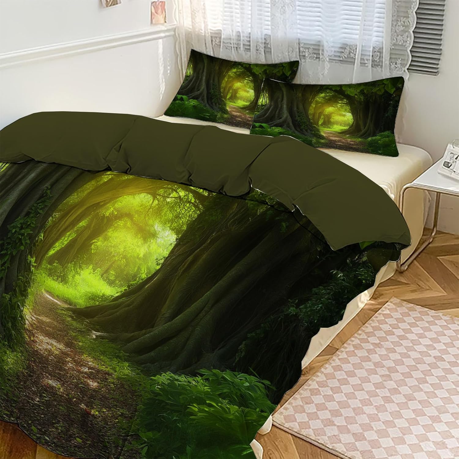 3D Duvet Cover King Size For Kids Teen Emerald Jungle Punk Forest Scene Pattern Sunlight Filtering Through Leaves Bedding Sets,3D Print Comforter Cover Teen Boys Girls Bedroom Decor Bed Cover