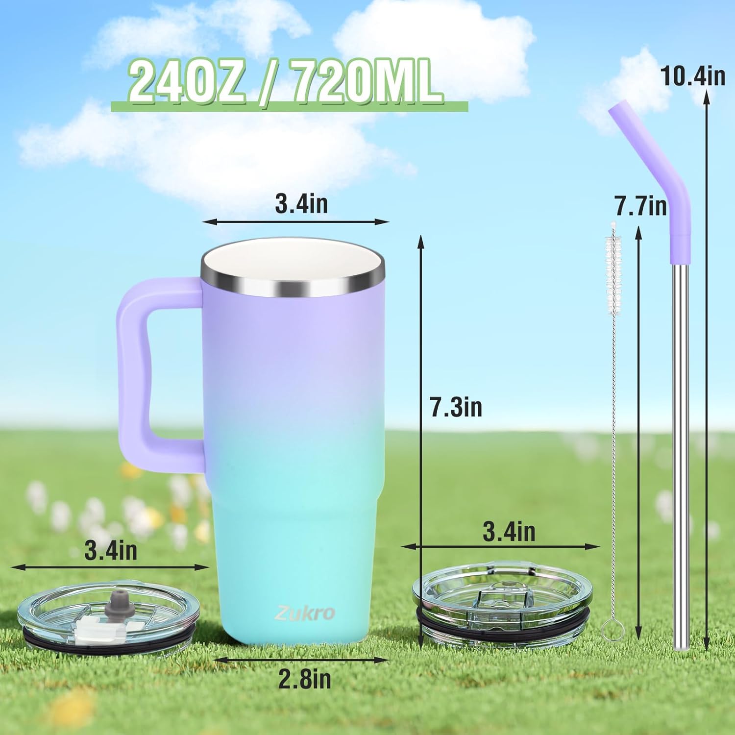 Zukro 24 oz Ceramic Lined Tumbler with Handle and Straw, No Metal Taste, Insulated Stainless Steel Coffee Mug with Spill Proof Lids for Home/Office, No Sweat, Keep Drinks Hot or Cold, Black - Image 9