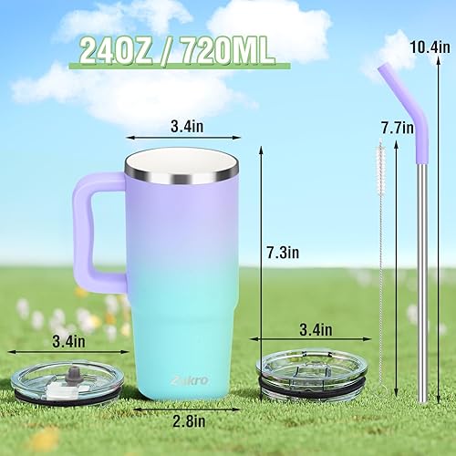 Miniatura 9 de Zukro Taza de 24 oz con revestimiento de cerámica con asa y popote, sin sabor metálico, taza de café de acero inoxidable aislada con tapas a prueba