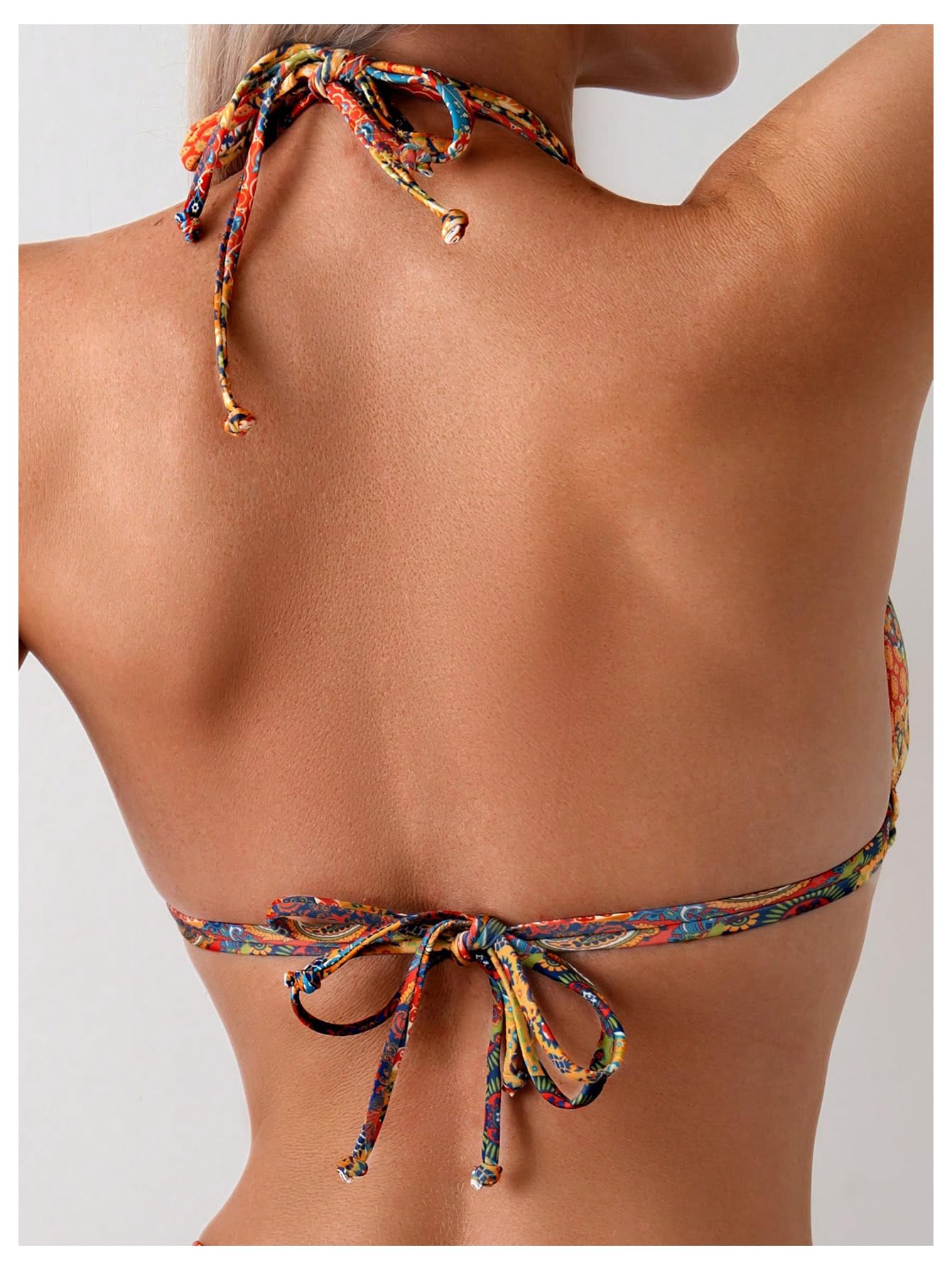 Damski Dwuczęściowy Strój Kąpielowy Boho Halter Trójkątny Zestaw Bikini Typu Stringi Wiązany Po Bokach Kostium Wielokolorowy Średni
