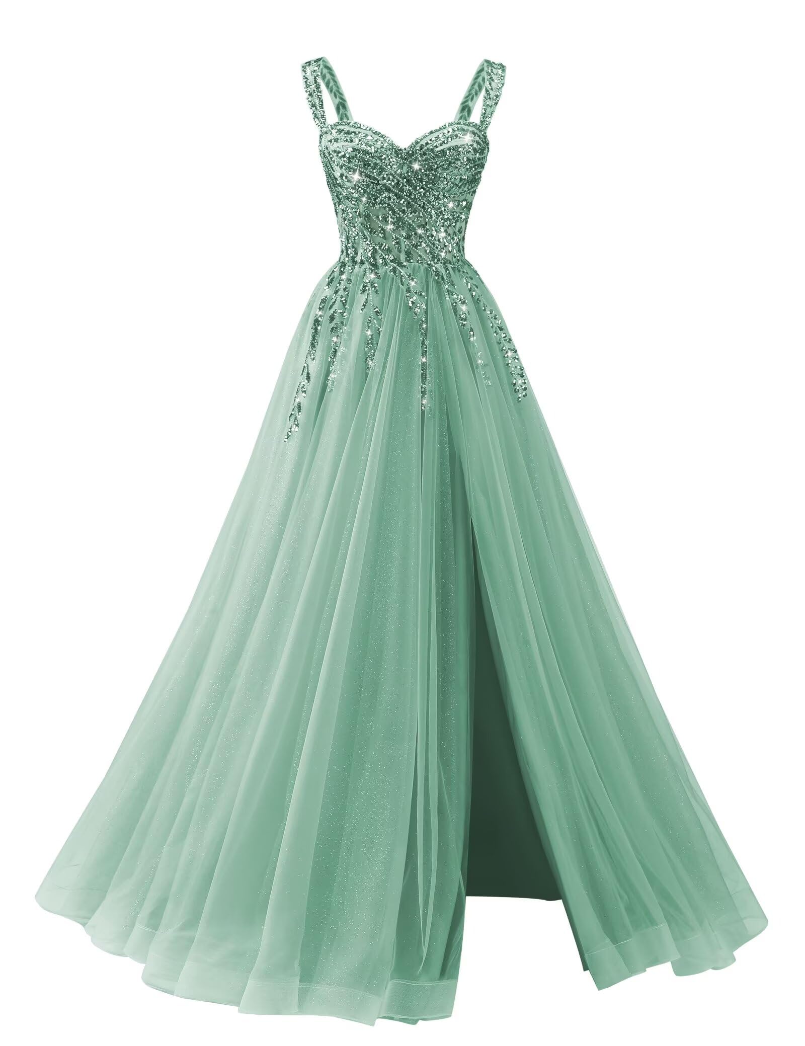 Sparkly Tulle Prom Dresses for Teens 2026 Sequins Beaded Prom Dress with Slit A-Line Corset Evening Formal Gowns