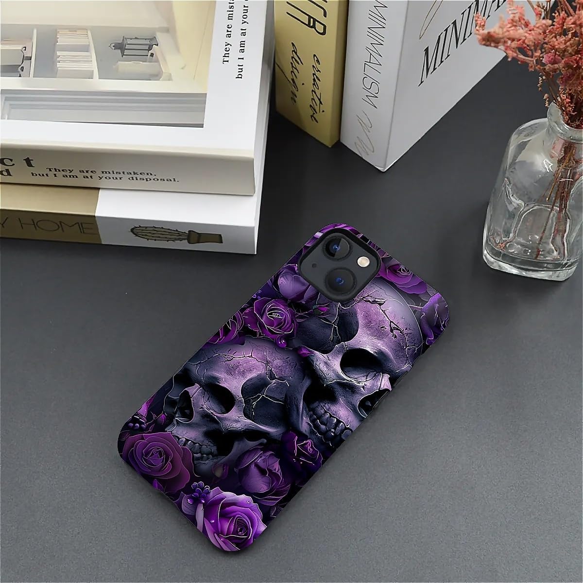 for iPhone 13/14 Case,Purple Skull Rose Pattern for Girl Women Boy Hard Hybrid Shell Shockproof Silicone Full Body Protective Case for iPhone 13/14 - Image 6
