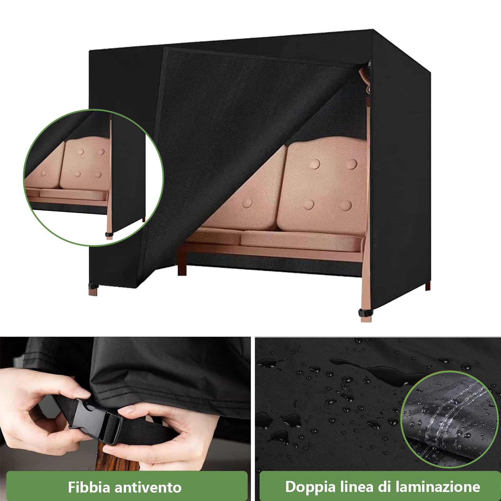 Copertura per Dondolo da Giardino a 3 Posti, 220x135x170cm Tessuto Oxford 600D Anti-UV, Impermeabile, Antivento, Copertura Protettiva per Altalena da Giardino (Nero)