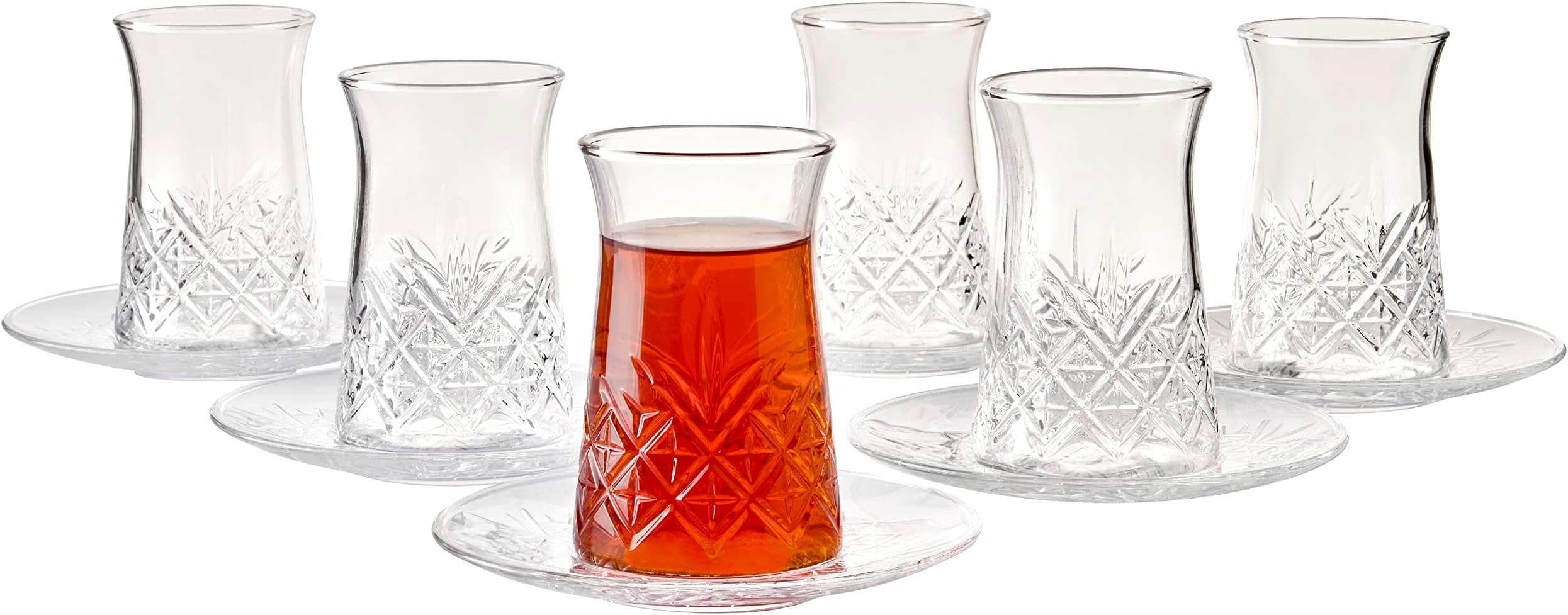 Crystal Turkish Tea Glasses and Saucers, Set of 12 Turkish Tea Cup Set, 6 Cups and 6 Plates Perfect for Tea Party, Gifts, Housewarming, Weddings, Aniversary