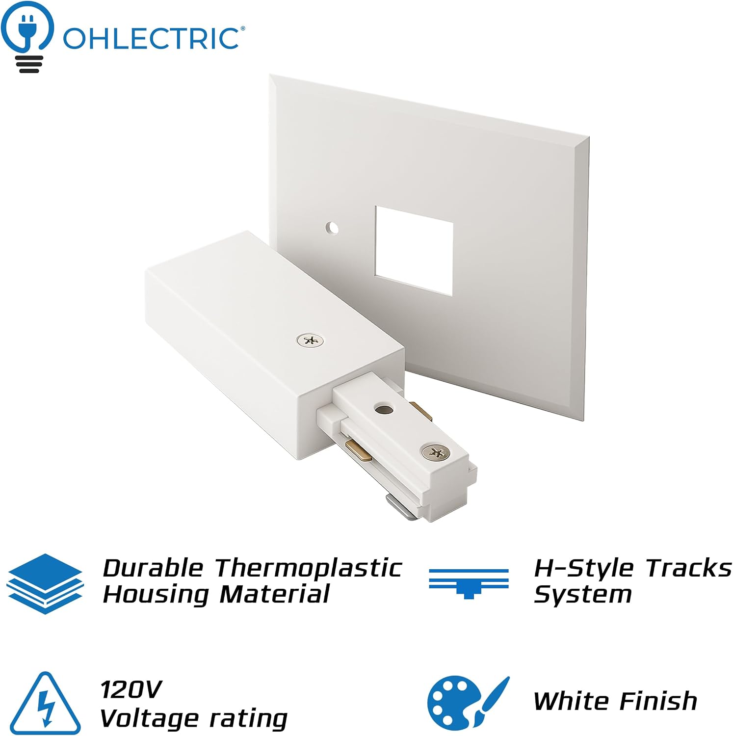 OHLECTRIC 2 Pack – H-Type Live End Canopy Connector with 5" Canopy, White – Single Circuit Power Feed – Ceiling Mount Track Lighting Accessory for H Track Systems