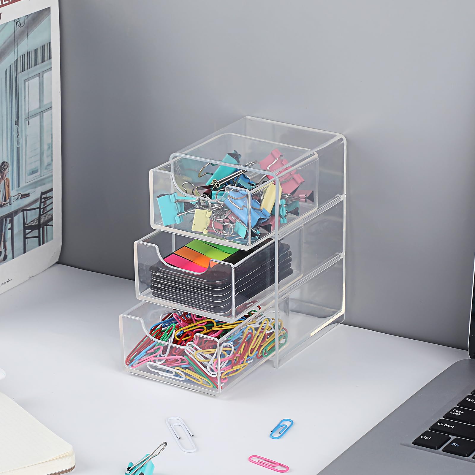 Hipiwe Acrylic Drawer Organizer Qtip Holder for Cotton Pad Cotton Swabs Makeup Storage Drawer with 3 Drawers Clear — view 5