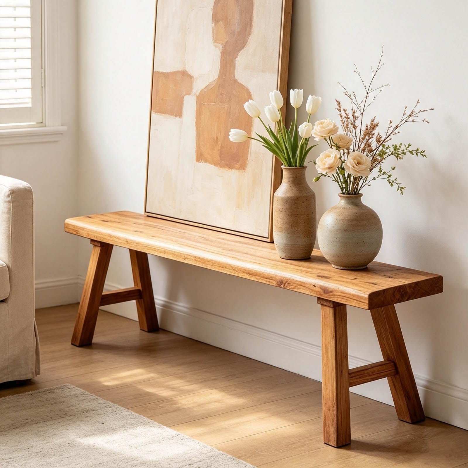 Narrow Entryway Bench Farmhouse Wood End of Bed Bench 20" 32" 39" 47" 55" 63" 71" 79" Sturdy Stable Skinny Long Benchs for Bedroom Hallway Dining Room Porch Easy to Assemble Natural Finish(20")