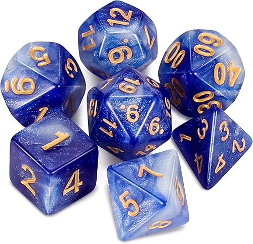 QMAY DND - Juego de dados poliédricos D&D (7 piezas) para Calabozos y Dragones (cielo azul profundo)