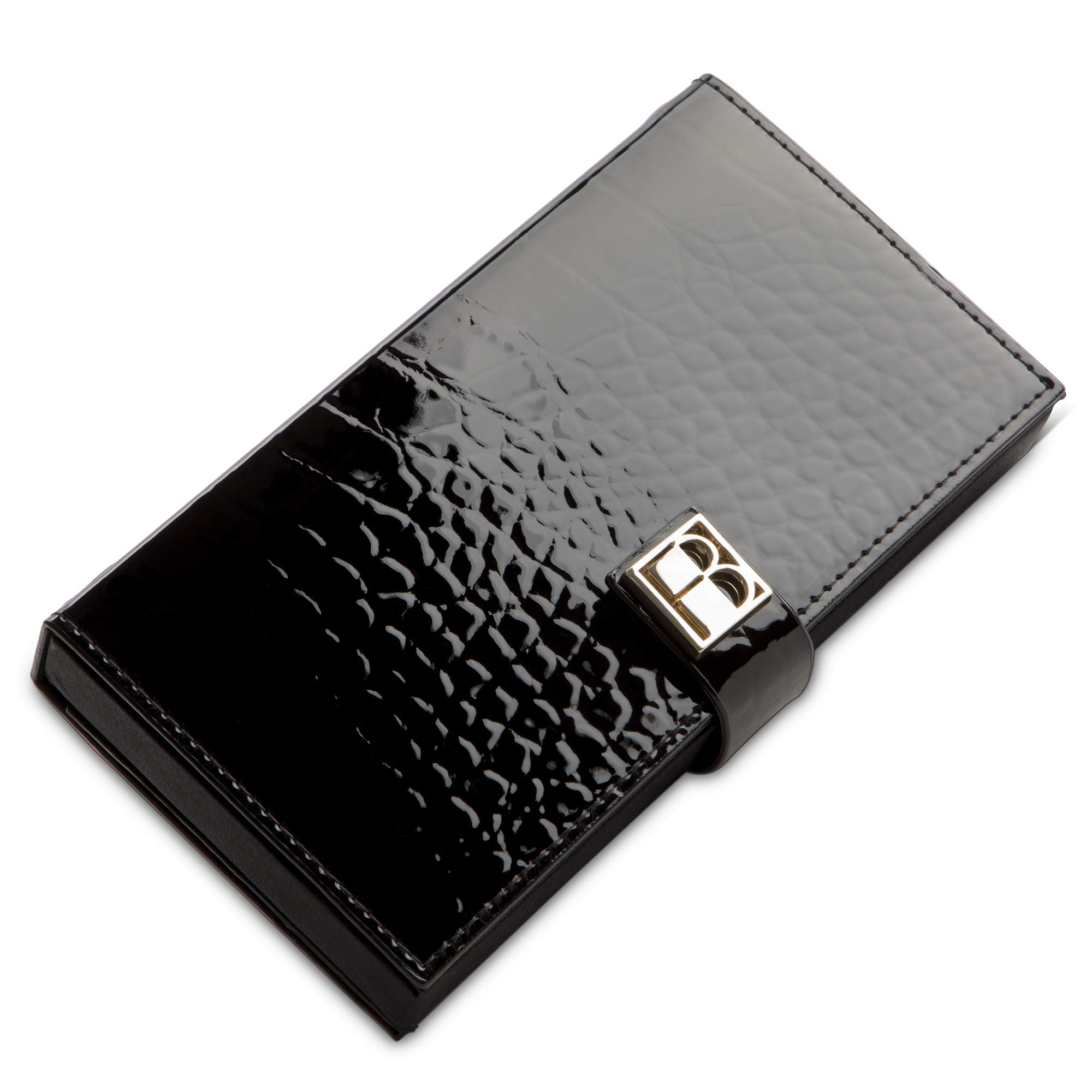 Sleek Magnetic Makeup Clutch Handbag: Black Cosmetic Organizer with Mirror, Wallet, and Phone Case - Black Textured Vegan Leather, Silk Fabric Lining, Magnetic Base, Travel Accessory