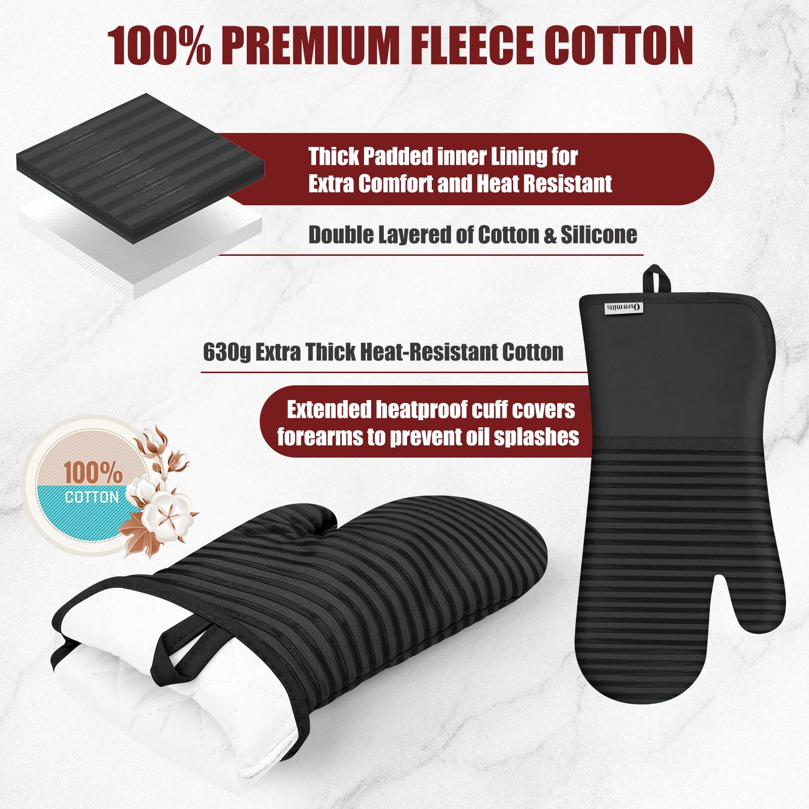 Set di guanti da forno e presine con impugnatura in silicone, resistenti al calore fino a 260 °C, confezione da 6 strofinacci/strofinacci per cucina, 100% cotone, essenziali per cucinare, cuocere al