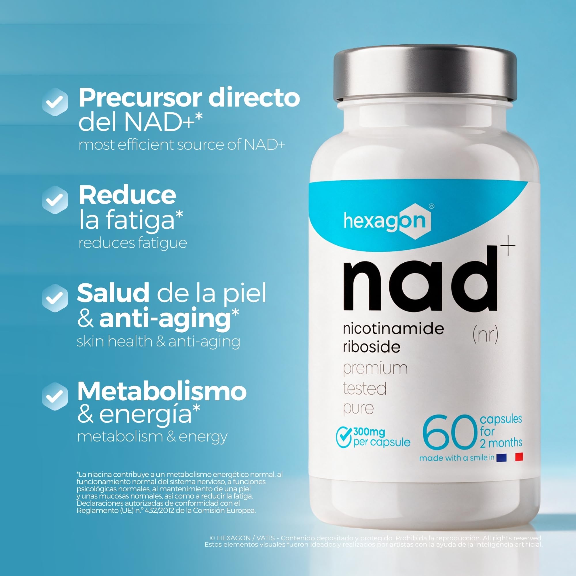 NAD+ Nicotinamide Riboside Chloride 300mg - +2 Meses de Cura - Contra la Edad y la Fatiga, NAD Booster - Polvo Puro, 60 Cápsulas - Grado Farmacéutico - Vegano - Hexagon (Paquete de 2)