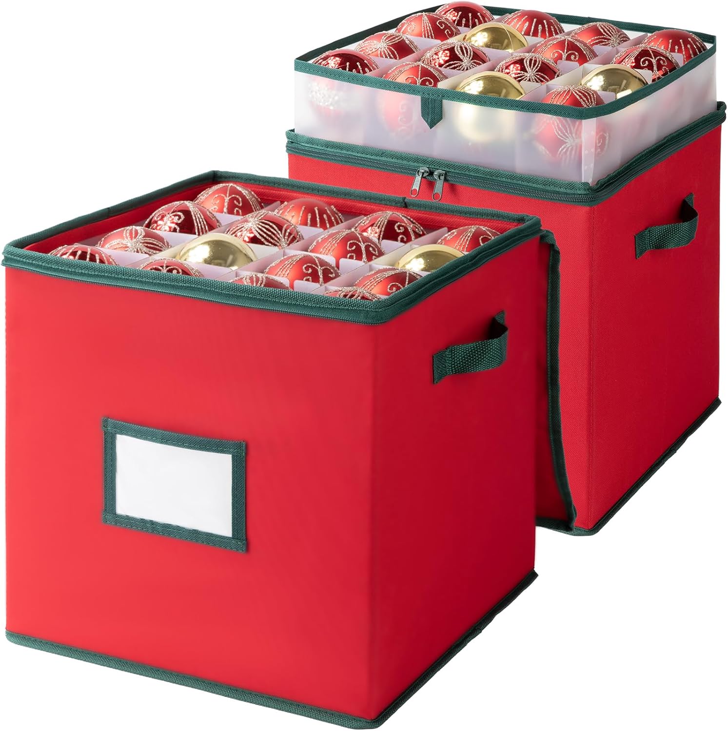 OIAHOMY 2 Pack Ornament Storage Box with Handle, Each Ornament Storage Holds 64 Balls, Christmas Decoration Box Include Plastic Trays and Zip-Lock Lid, Made of 600D Oxford Fabric - Red